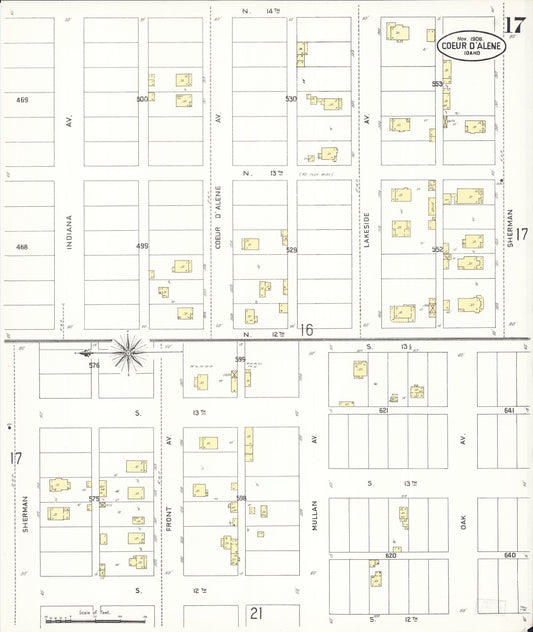 Sanborn Fire Insurance Map from Coeur D'alene, Kootenai County, Idaho (1908), Sheet #0017 - Historic Sanborn Fire Insurance Map Print, vintage old map wall art, antique decor, genealogy gift, Idaho Idaho map