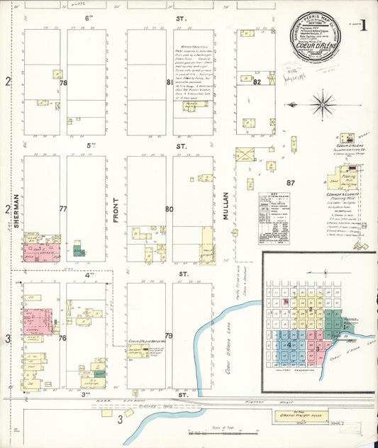Sanborn Fire Insurance Map from Coeur D'alene, Kootenai County, Idaho (1896), Sheet #0001 - Complete Map Set gallery image, historic Sanborn map, vintage wall art, Idaho Idaho