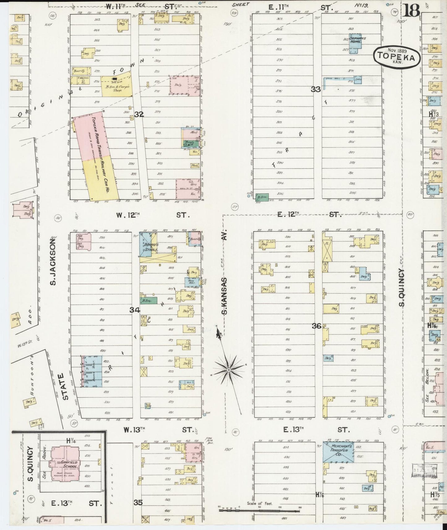 Sanborn Fire Insurance Map from Topeka, Shawnee County, Kansas (1889), Sheet #0019 - Complete Map Set gallery image, historic Sanborn map, vintage wall art, Kansas Kansas