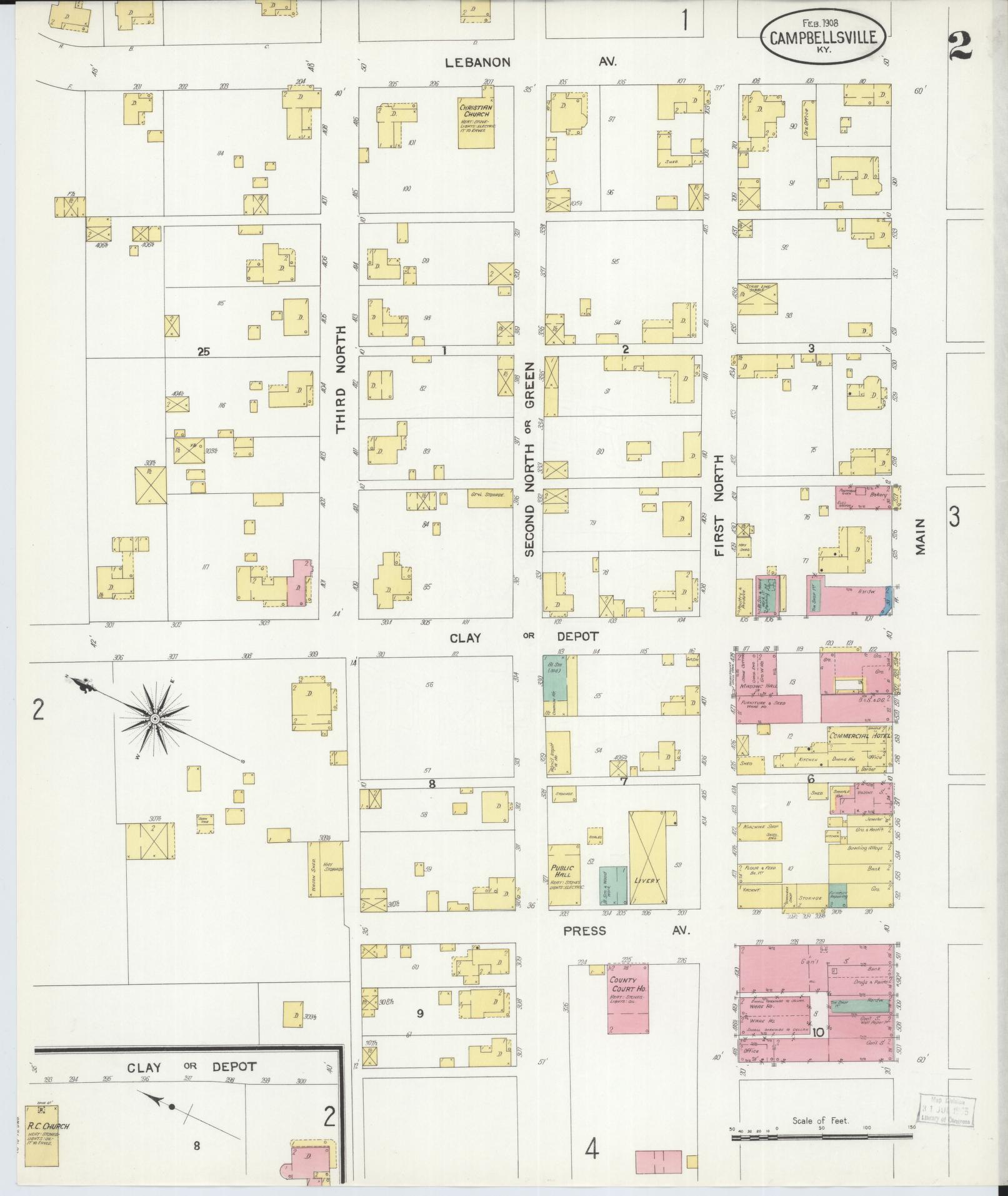 Sanborn Fire Insurance Map from Campbellsville, Taylor County, Kentucky (1908), Sheet #0002 - Complete Map Set gallery image, historic Sanborn map, vintage wall art, Kentucky Kentucky