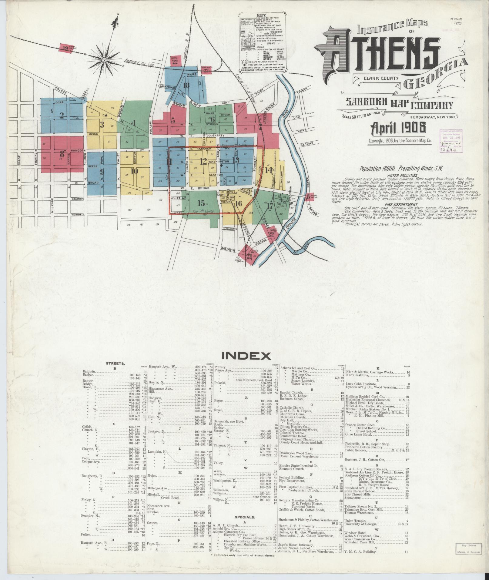 Sanborn Fire Insurance Map from Athens, Clarke County, Georgia (1908), Sheet #0001 - Historic Sanborn Fire Insurance Map Print, vintage old map wall art, antique decor, genealogy gift, Georgia Georgia map