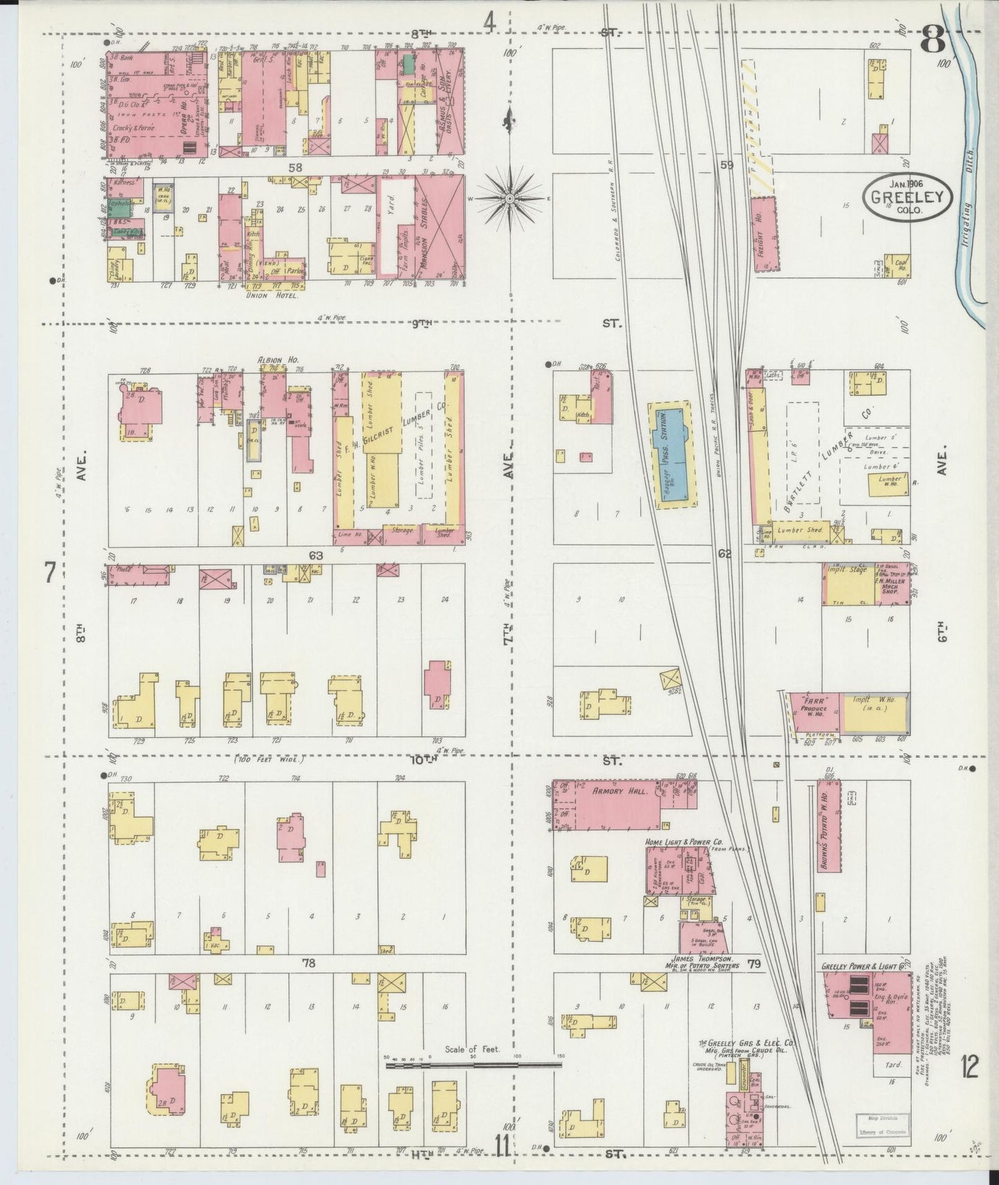 Sanborn Fire Insurance Map from Greeley, Weld County, Colorado (1906), Sheet #0008 - Complete Map Set gallery image, historic Sanborn map, vintage wall art, Colorado Colorado