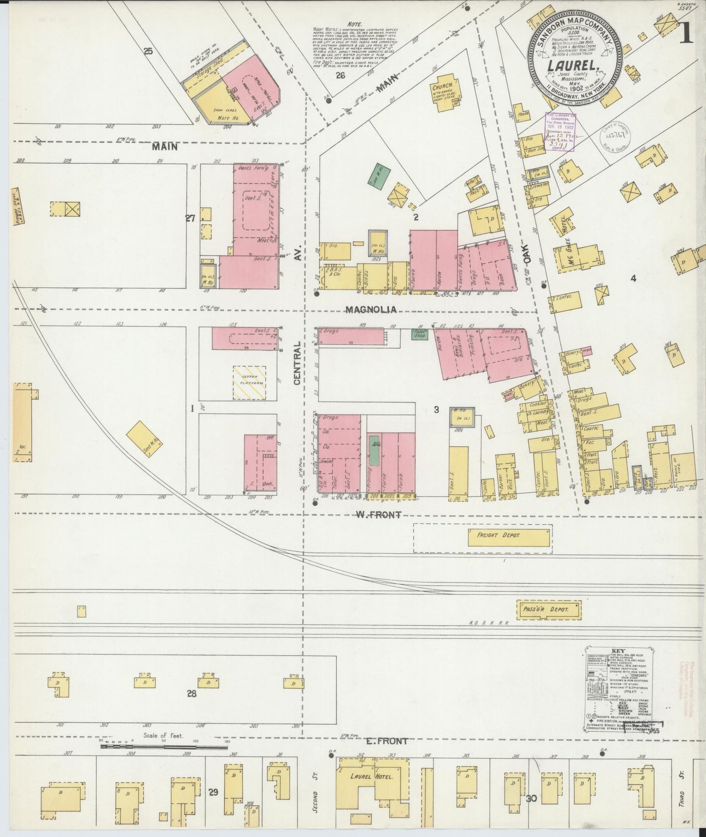 Sanborn Fire Insurance Map from Laurel, Jones County, Mississippi (1902), Sheet #0001 - Complete Map Set gallery image, historic Sanborn map, vintage wall art, Mississippi Mississippi