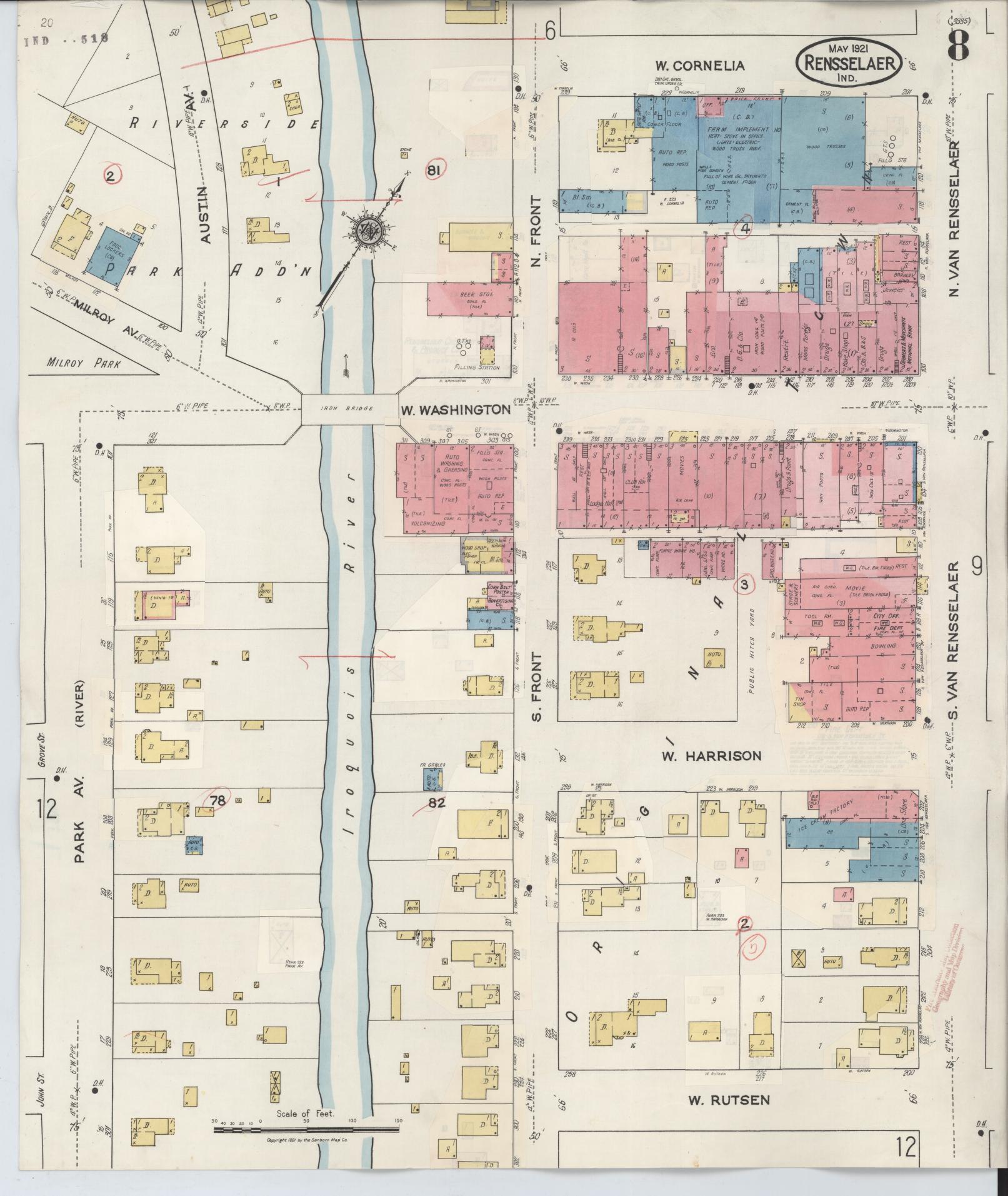 Sanborn Fire Insurance Map from Rensselaer, Jasper County, Indiana (1942), Sheet #0008 - Historic Sanborn Fire Insurance Map Print, vintage old map wall art, antique decor, genealogy gift, Indiana Indiana map