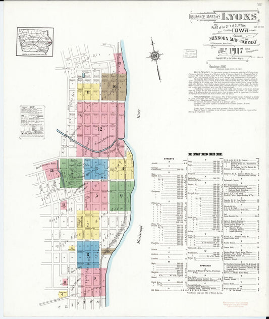 Sanborn Fire Insurance Map from Lyons, Clinton County, Iowa (1917), Sheet #0001 - Historic Sanborn Fire Insurance Map Print, vintage old map wall art