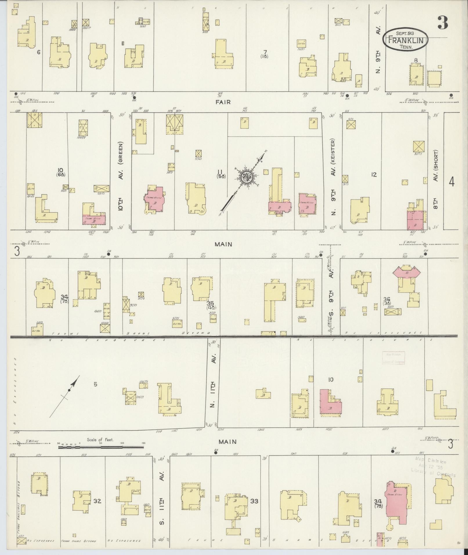 Sanborn Fire Insurance Map from Franklin, Williamson County, Tennessee (1913), Sheet #0003 - Historic Sanborn Fire Insurance Map Print, vintage old map wall art, antique decor, genealogy gift, Tennessee Tennessee map