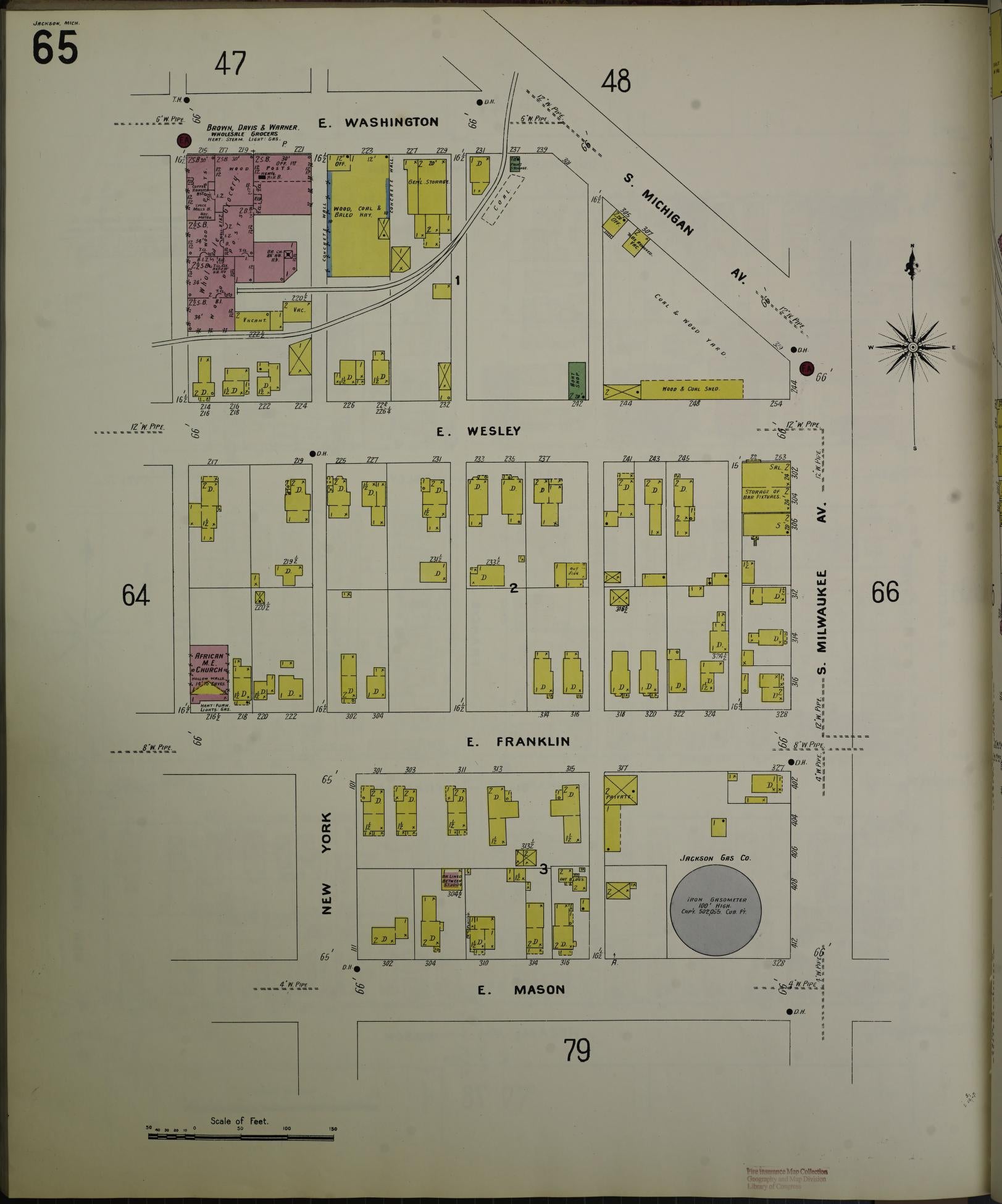 Sanborn Fire Insurance Map from Jackson, Jackson County, Michigan (1907), Sheet #0065 - Complete Map Set gallery image, historic Sanborn map, vintage wall art, Michigan Michigan