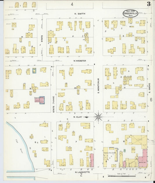 Sanborn Fire Insurance Map from Greenville, Montcalm County, Michigan (1908), Sheet #0003 - Historic Sanborn Fire Insurance Map Print, vintage old map wall art, antique decor, genealogy gift, Michigan Michigan map