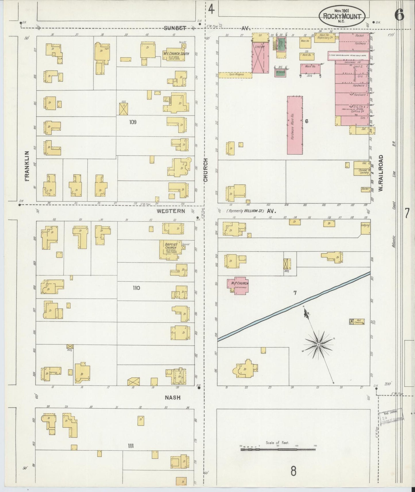 Sanborn Fire Insurance Map from Rocky Mount, Edgecombe And Nash Counties, North Carolina (1901), Sheet #0006 - Complete Map Set gallery image, historic Sanborn map, vintage wall art, North Carolina North Carolina