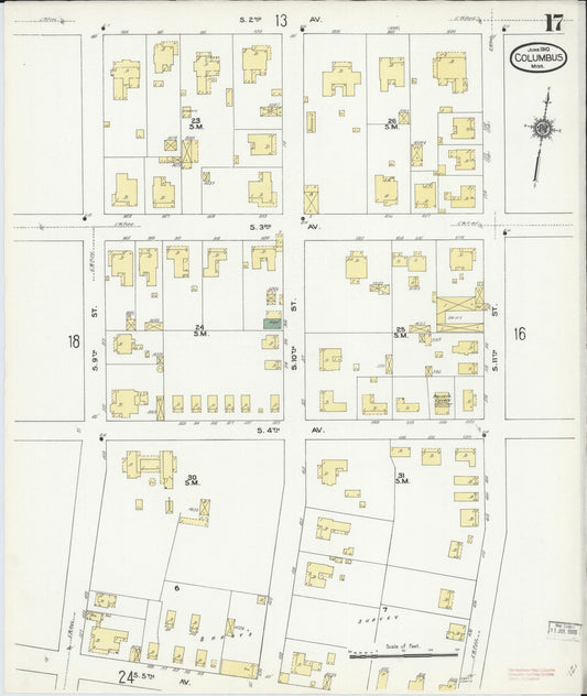Sanborn Fire Insurance Map from Columbus, Lowndes County, Mississippi (1910), Sheet #0017 - Historic Sanborn Fire Insurance Map Print, vintage old map wall art, antique decor, genealogy gift, Mississippi Mississippi map