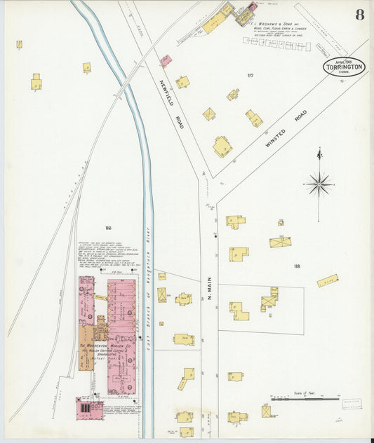 Sanborn Fire Insurance Map from Torrington, Litchfield County, Connecticut (1909), Sheet #0008 - Historic Sanborn Fire Insurance Map Print, vintage old map wall art, antique decor, genealogy gift, Connecticut Connecticut map