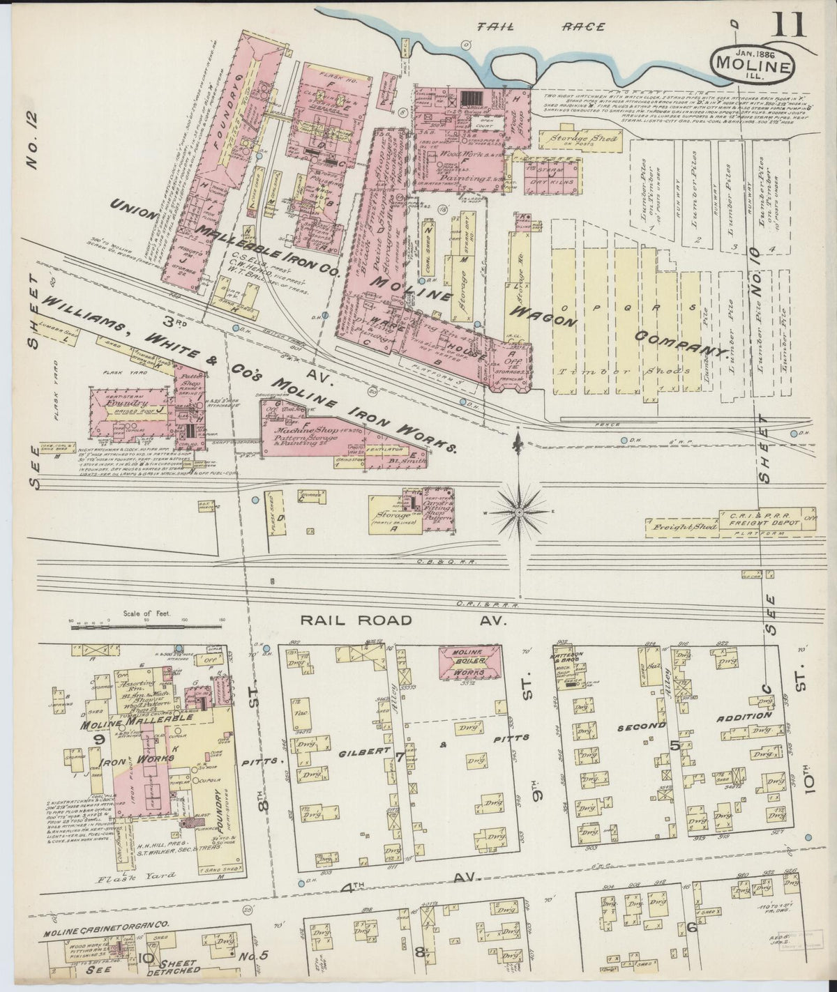 Sanborn Fire Insurance Map from Moline, Rock Island County, Illinois (1886), Sheet #0011 - Historic Sanborn Fire Insurance Map Print, vintage old map wall art, antique decor, genealogy gift, Illinois Illinois map