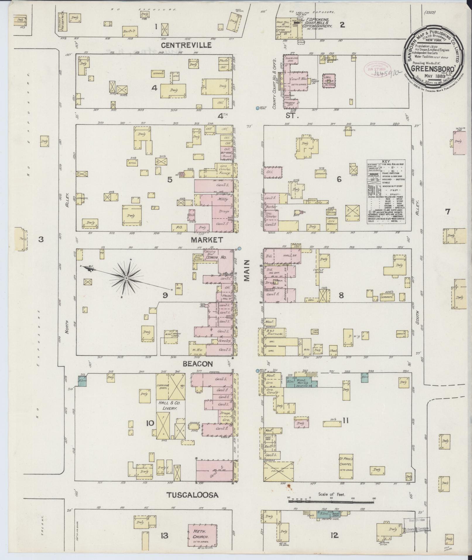 Sanborn Fire Insurance Map from Greensboro, Hale County, Alabama (1889), Sheet #0001 - Historic Sanborn Fire Insurance Map Print, vintage old map wall art, antique decor, genealogy gift, Alabama Alabama map