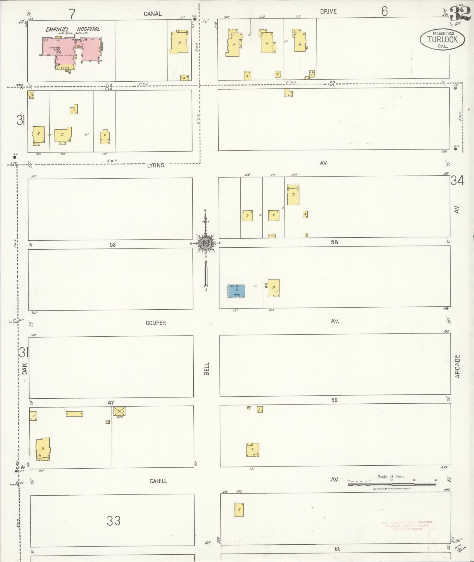 Sanborn Fire Insurance Map from Turlock, Stanislaus County, California (1922), Sheet #0032 - Complete Map Set gallery image, historic Sanborn map, vintage wall art, California California