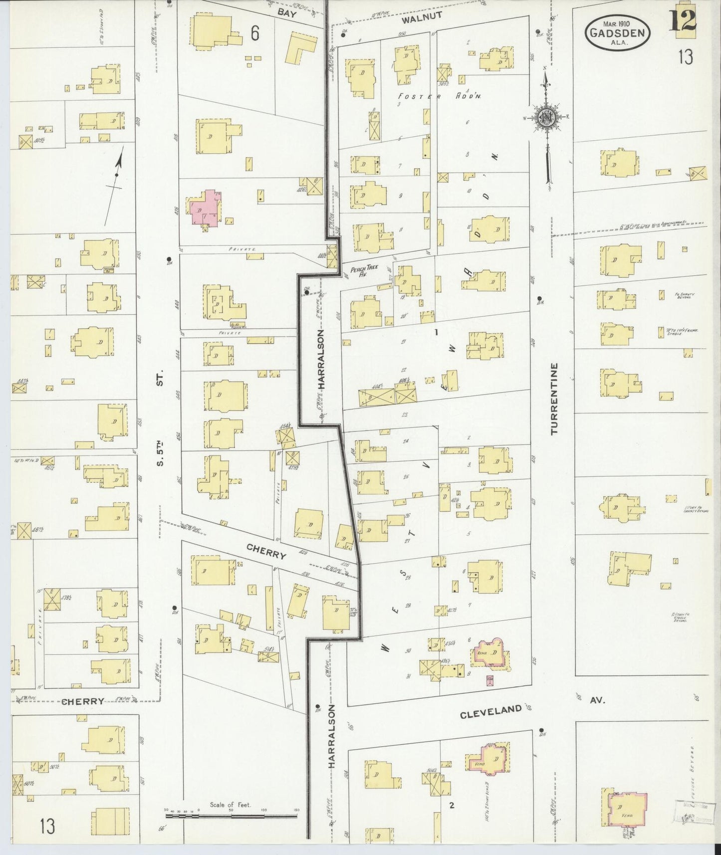 Sanborn Fire Insurance Map from Gadsden, Etowah County, Alabama (1910), Sheet #0012 - Historic Sanborn Fire Insurance Map Print, vintage old map wall art, antique decor, genealogy gift, Alabama Alabama map