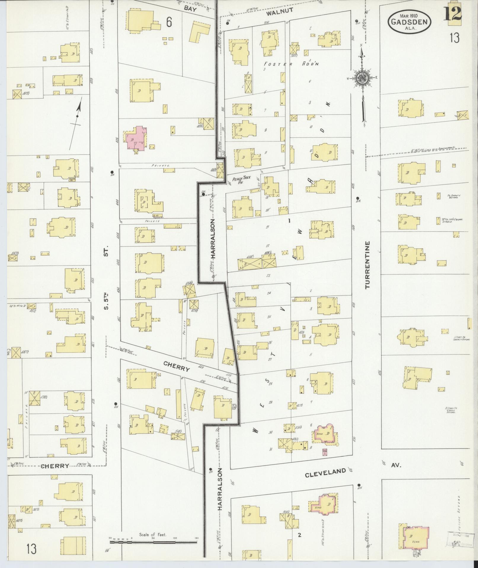 Sanborn Fire Insurance Map from Gadsden, Etowah County, Alabama (1910), Sheet #0012 - Historic Sanborn Fire Insurance Map Print, vintage old map wall art, antique decor, genealogy gift, Alabama Alabama map