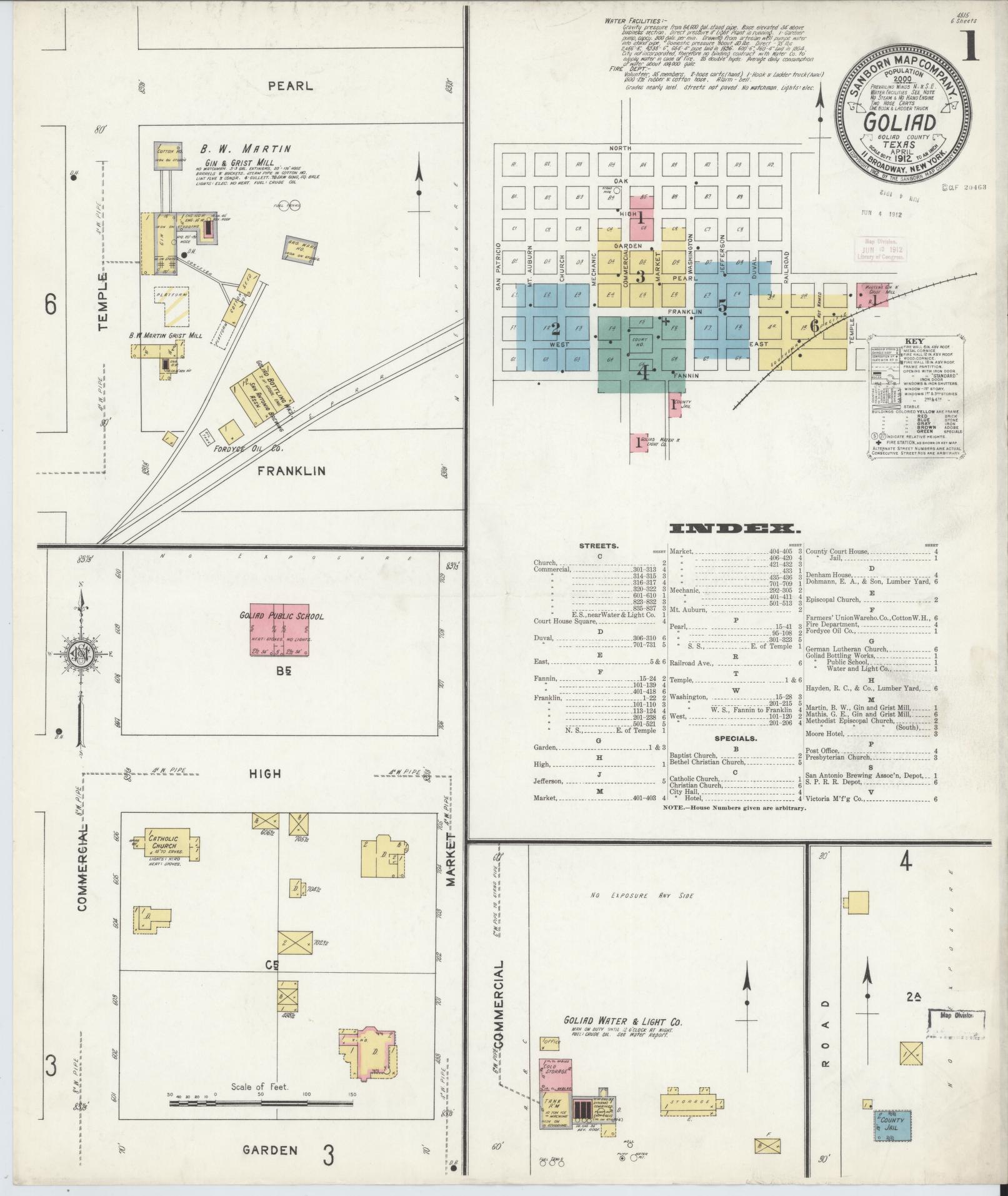 Sanborn Fire Insurance Map from Goliad, Goliad County, Texas (1912), Sheet #0001 - Historic Sanborn Fire Insurance Map Print, vintage old map wall art, antique decor, genealogy gift, Texas Texas map