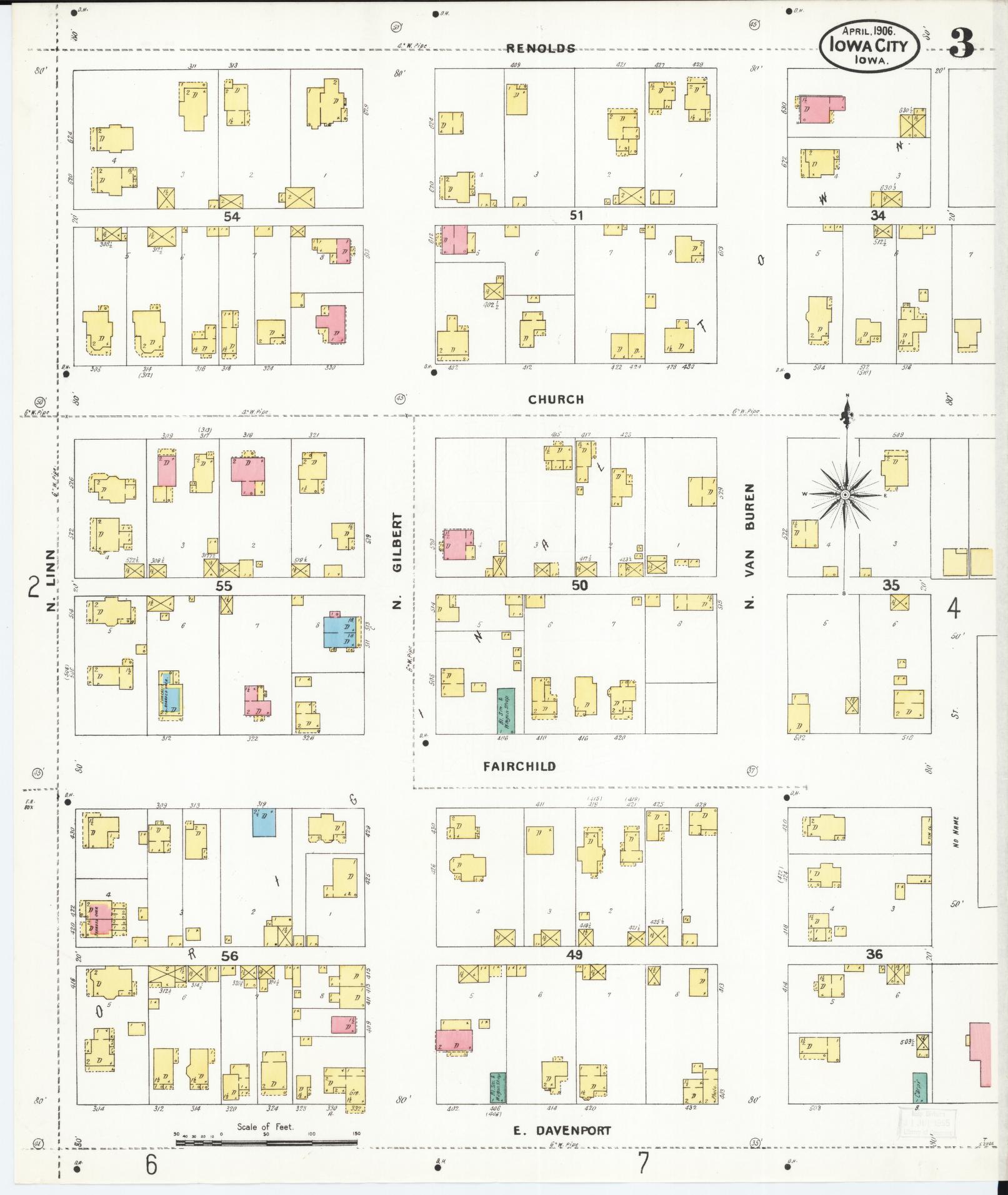 Sanborn Fire Insurance Map from Iowa City, Johnson County, Iowa (1906), Sheet #0003 - Historic Sanborn Fire Insurance Map Print, vintage old map wall art