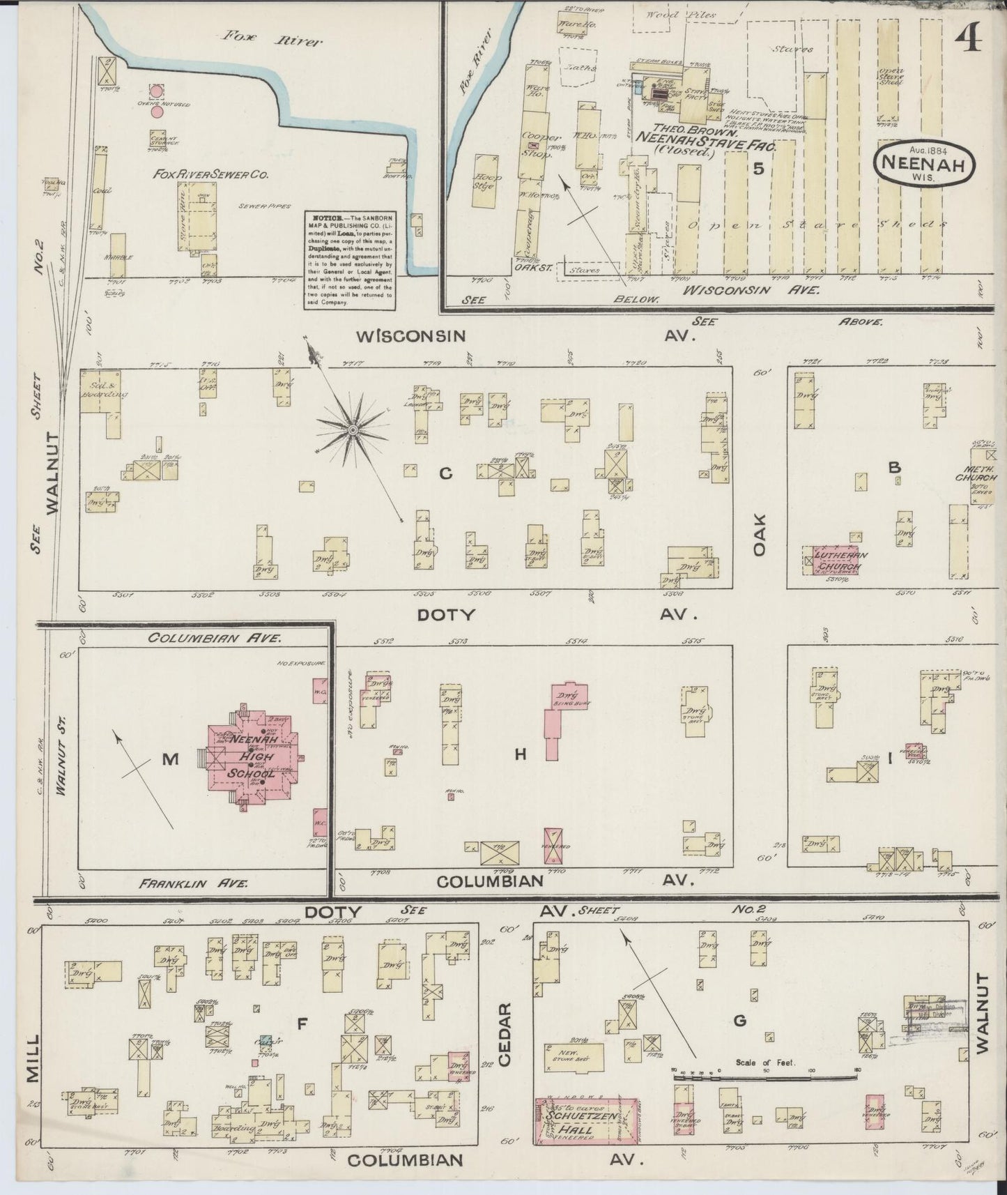 Sanborn Fire Insurance Map from Neenah, Winnebago County, Wisconsin (1884), Sheet #0004 - Complete Map Set gallery image, historic Sanborn map, vintage wall art, Wisconsin Wisconsin