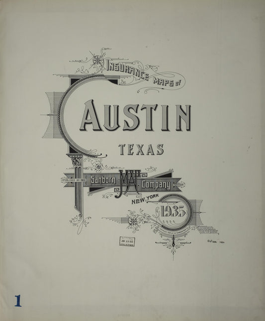 Sanborn Fire Insurance Map from Austin, Travis County, Texas (1935), Sheet #0001 - Historic Sanborn Fire Insurance Map Print, vintage old map wall art, antique decor, genealogy gift, Texas Texas map