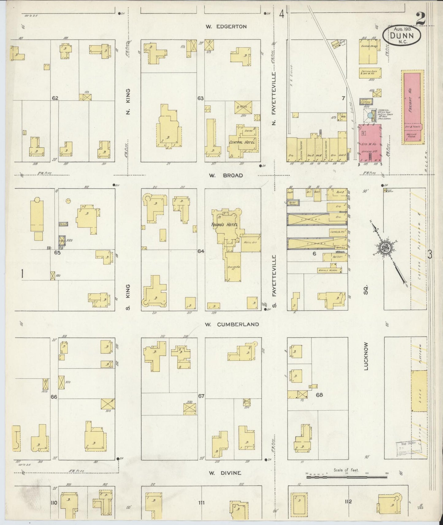 Sanborn Fire Insurance Map from Dunn, Harnett County, North Carolina (1913), Sheet #0002 - Complete Map Set gallery image, historic Sanborn map, vintage wall art, North Carolina North Carolina