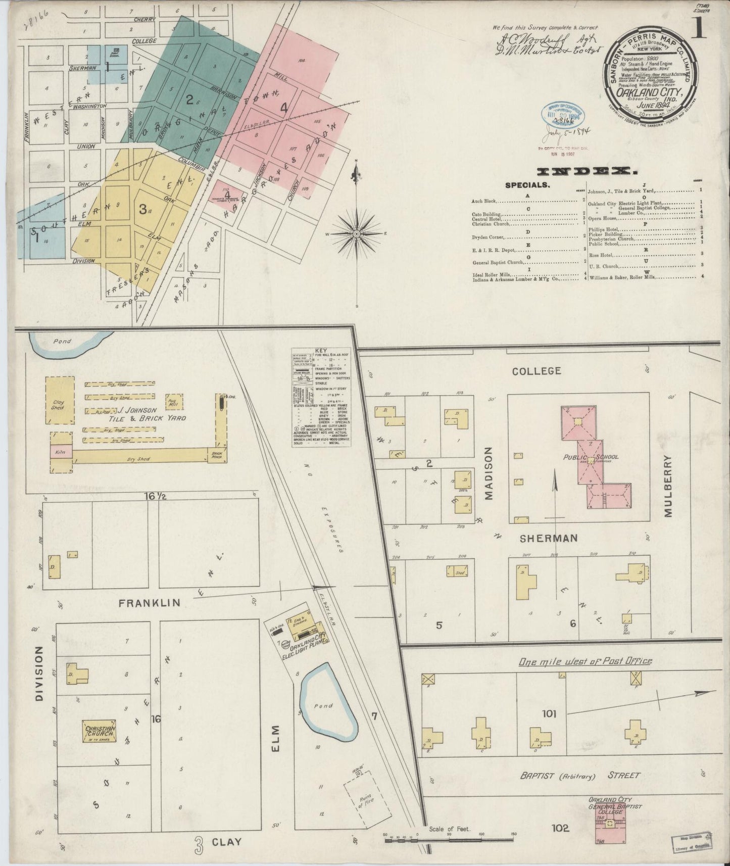 Sanborn Fire Insurance Map from Oakland City, Gibson County, Indiana. (1894) – Historic Sanborn Fire Insurance Map Print