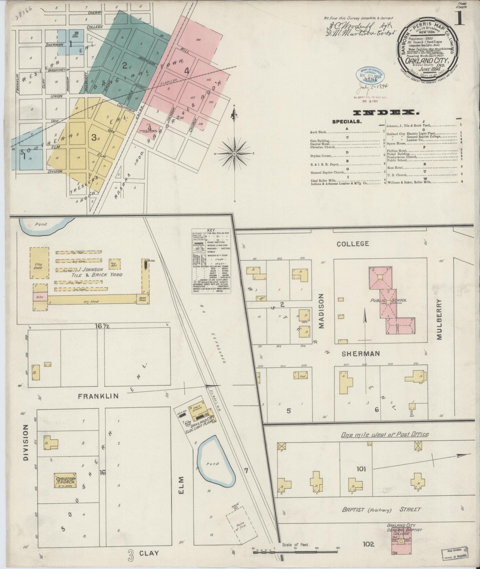 Sanborn Fire Insurance Map from Oakland City, Gibson County, Indiana. (1894) – Historic Sanborn Fire Insurance Map Print