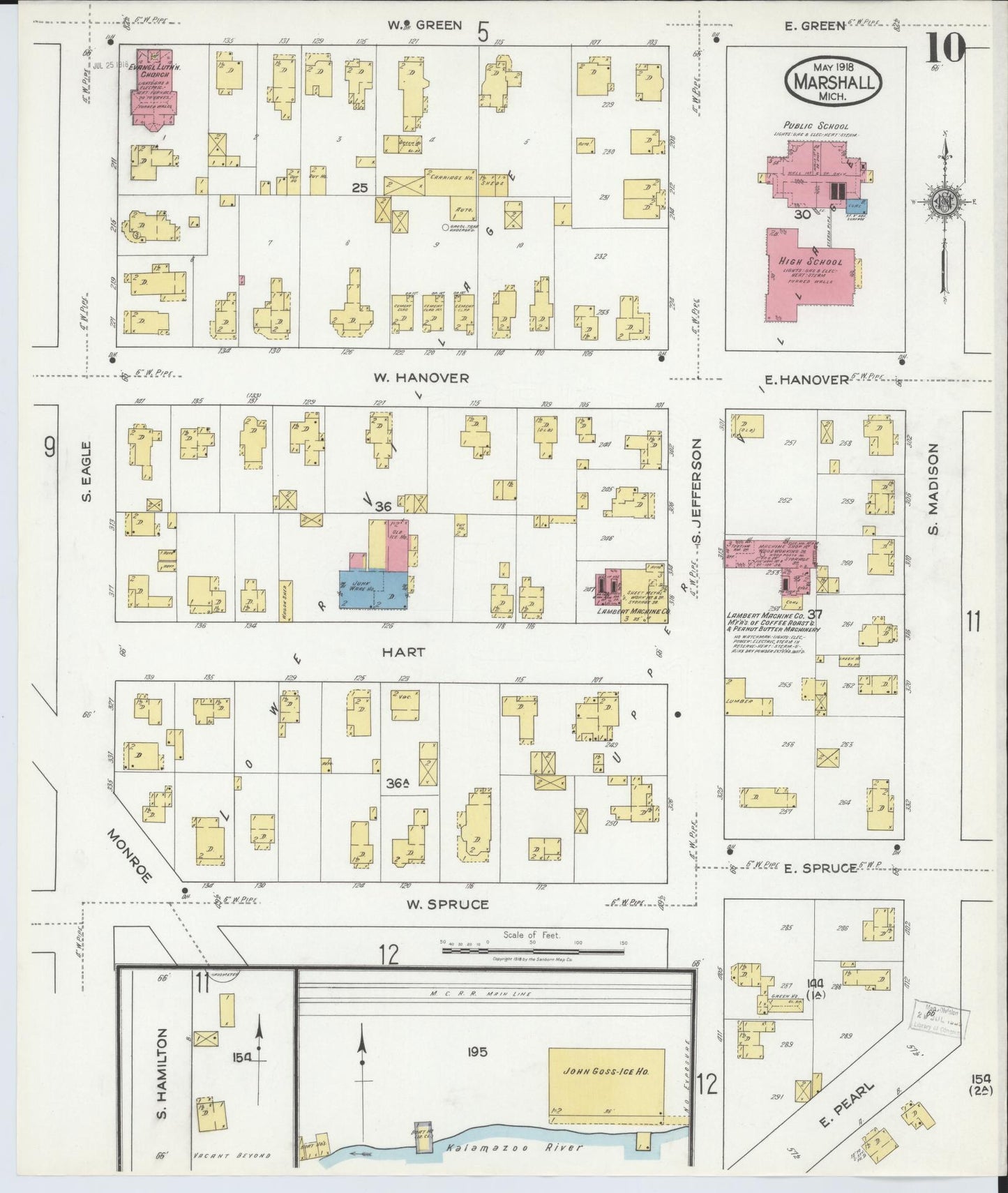 Sanborn Fire Insurance Map from Marshall, Calhoun County, Michigan (1916), Sheet #0010 - Historic Sanborn Fire Insurance Map Print, vintage old map wall art, antique decor, genealogy gift, Michigan Michigan map