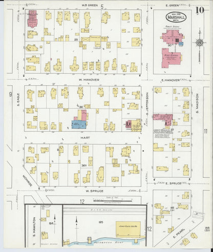 Sanborn Fire Insurance Map from Marshall, Calhoun County, Michigan (1916), Sheet #0010 - Historic Sanborn Fire Insurance Map Print, vintage old map wall art, antique decor, genealogy gift, Michigan Michigan map