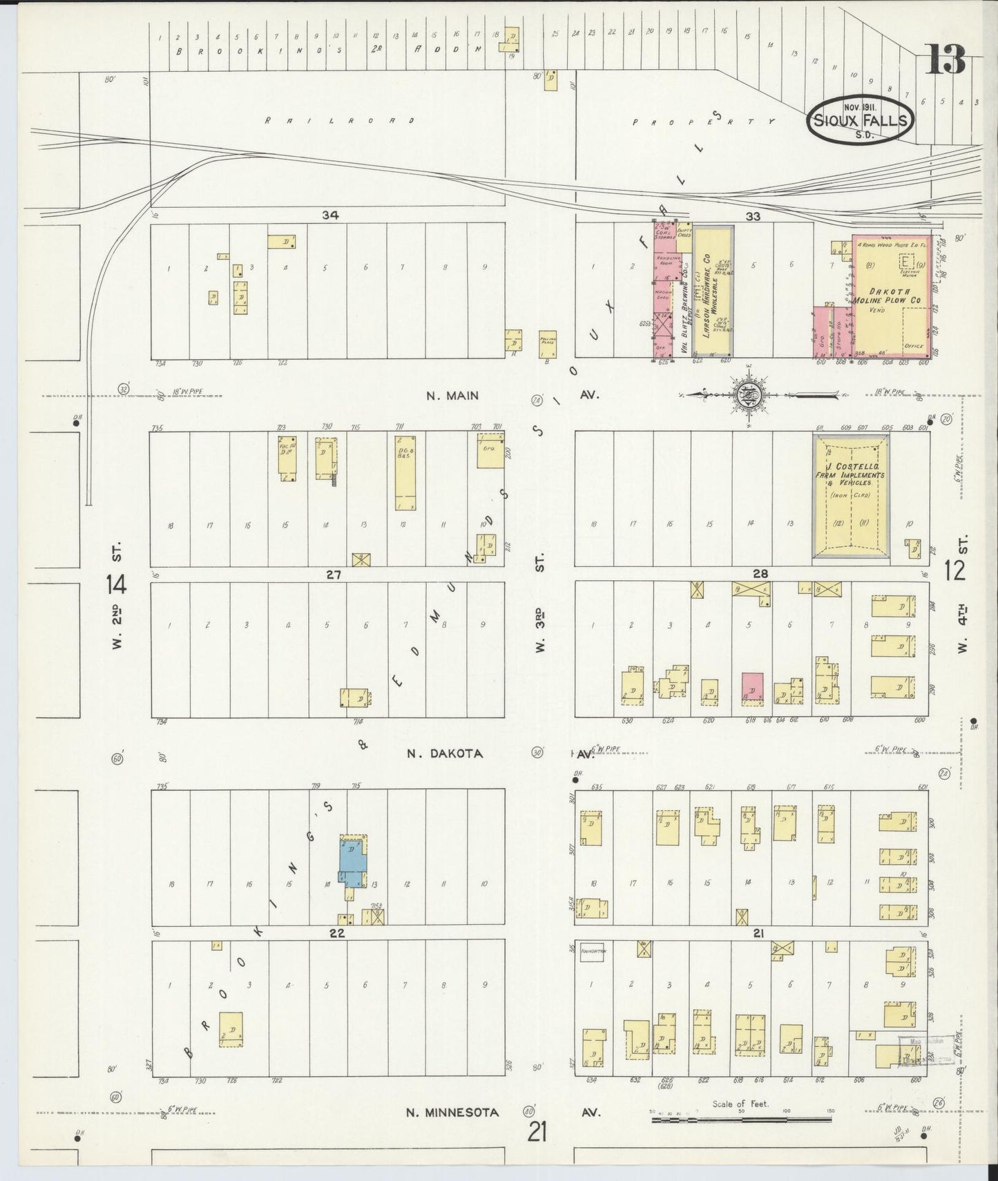 Sanborn Fire Insurance Map from Sioux Falls, Minnehaha County, South Dakota (1911), Sheet #0013 - Historic Sanborn Fire Insurance Map Print, vintage old map wall art, antique decor, genealogy gift, South Dakota South Dakota map