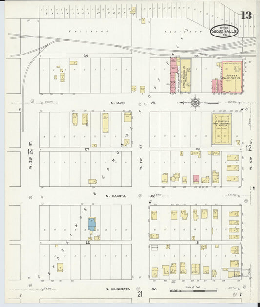 Sanborn Fire Insurance Map from Sioux Falls, Minnehaha County, South Dakota (1911), Sheet #0013 - Historic Sanborn Fire Insurance Map Print, vintage old map wall art, antique decor, genealogy gift, South Dakota South Dakota map