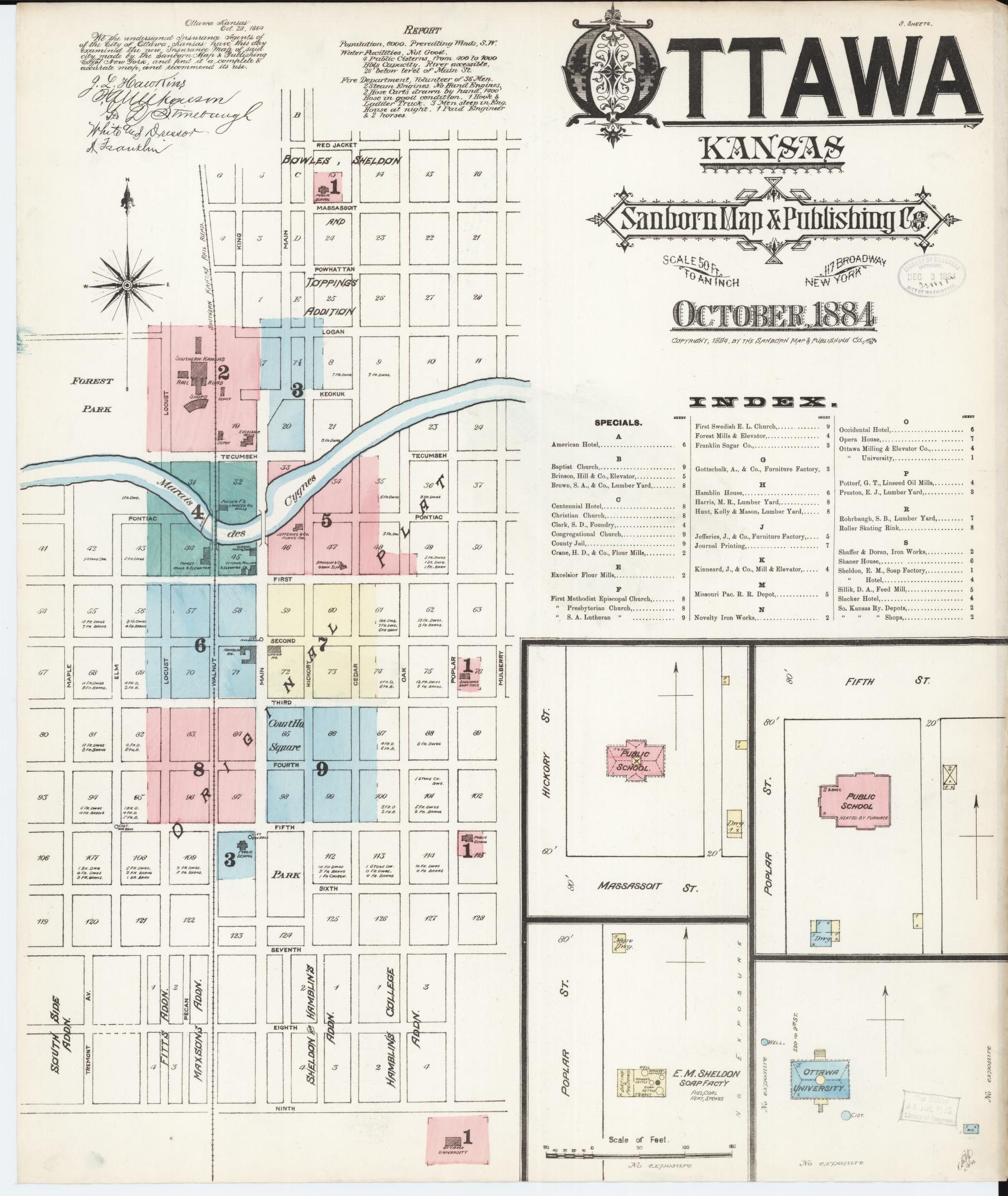 Sanborn Fire Insurance Map from Ottawa, Franklin County, Kansas (1884), Sheet #0001 - Historic Sanborn Fire Insurance Map Print, vintage old map wall art, antique decor, genealogy gift, Kansas Kansas map