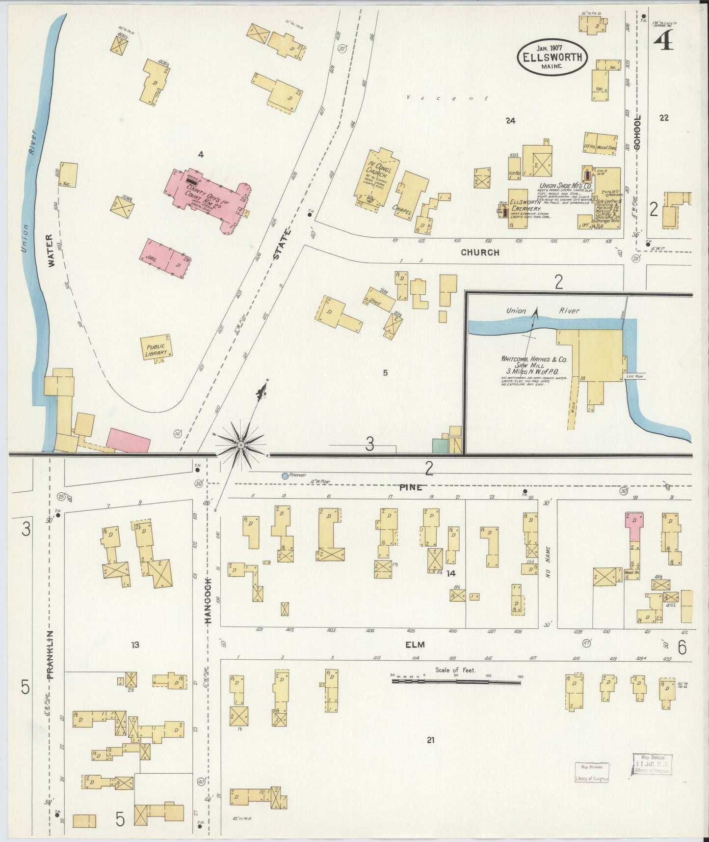 Sanborn Fire Insurance Map from Ellsworth, Hancock County, Maine (1907), Sheet #0004 - Historic Sanborn Fire Insurance Map Print, vintage old map wall art, antique decor, genealogy gift, Maine Maine map
