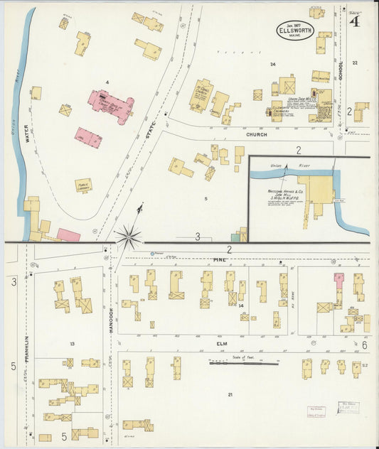 Sanborn Fire Insurance Map from Ellsworth, Hancock County, Maine (1907), Sheet #0004 - Historic Sanborn Fire Insurance Map Print, vintage old map wall art, antique decor, genealogy gift, Maine Maine map