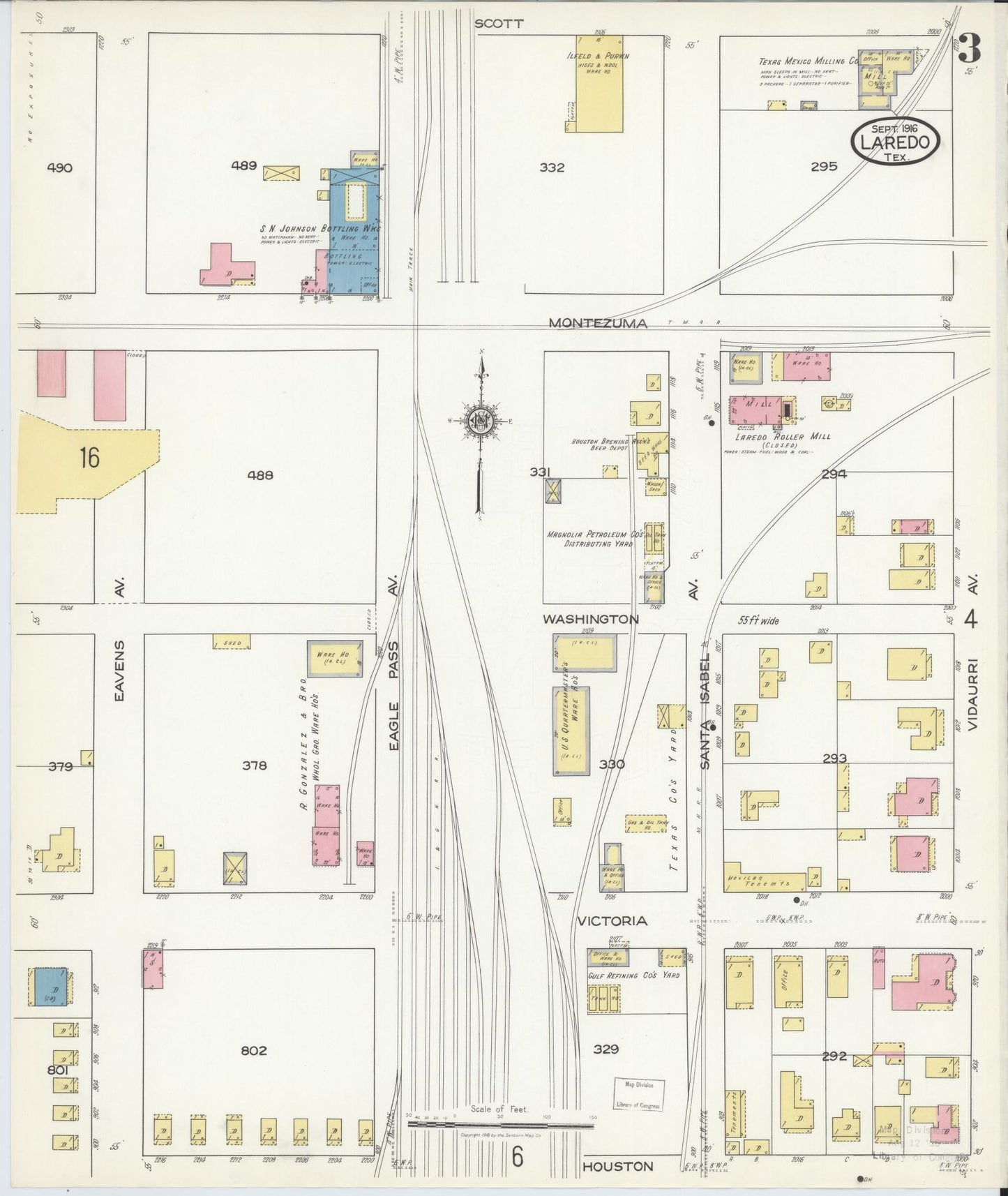 Sanborn Fire Insurance Map from Laredo, Webb County, Texas (1916), Sheet #0003 - Historic Sanborn Fire Insurance Map Print, vintage old map wall art, antique decor, genealogy gift, Texas Texas map