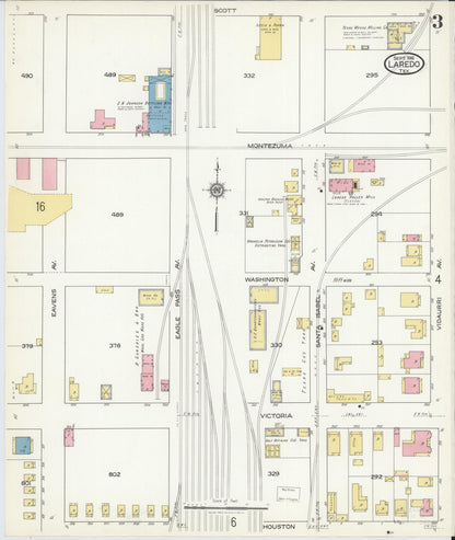 Sanborn Fire Insurance Map from Laredo, Webb County, Texas (1916), Sheet #0003 - Historic Sanborn Fire Insurance Map Print, vintage old map wall art, antique decor, genealogy gift, Texas Texas map