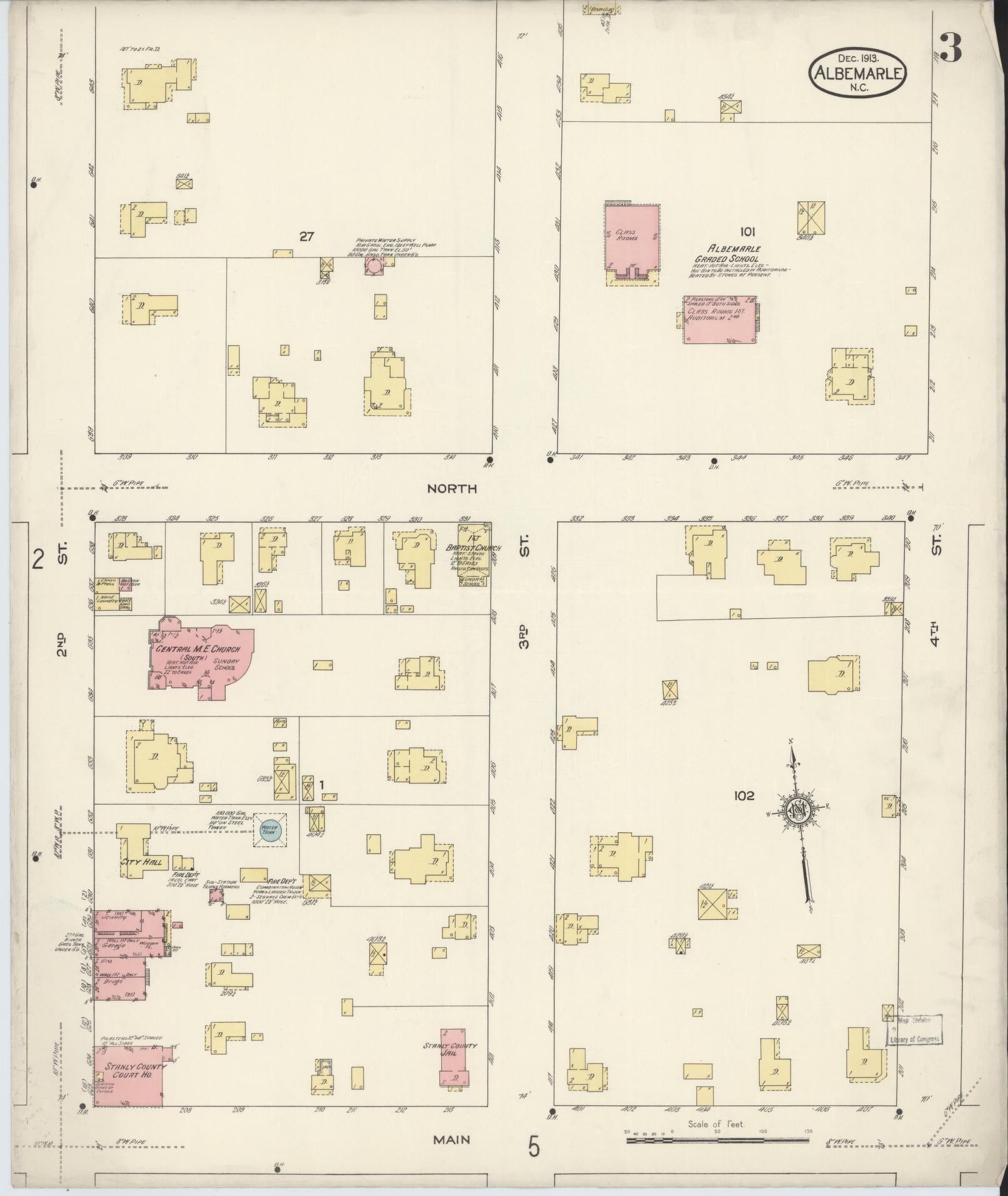 Sanborn Fire Insurance Map from Albemarle, Stanley County, North Carolina (1913), Sheet #0003 - Complete Map Set gallery image, historic Sanborn map, vintage wall art, North Carolina North Carolina