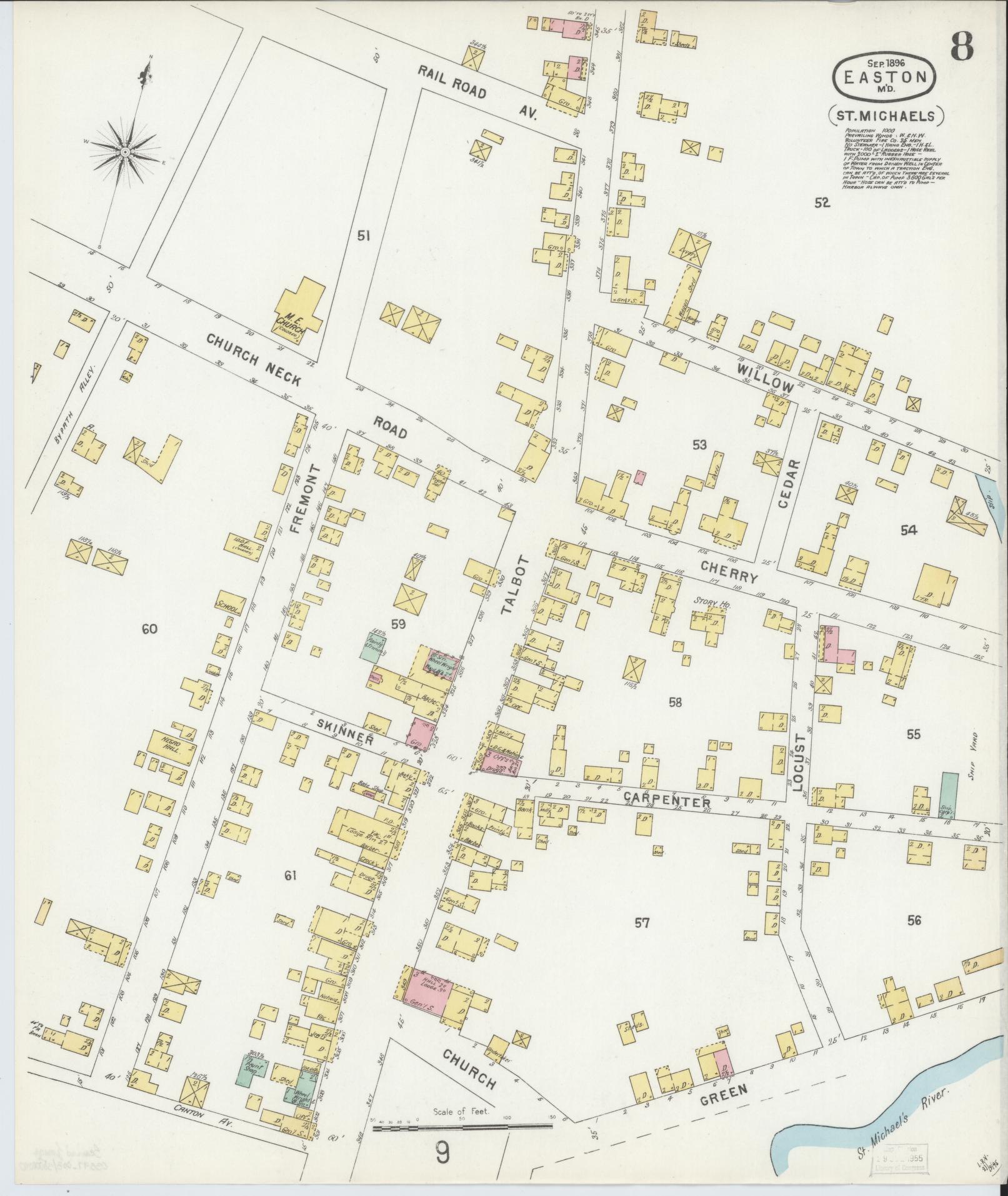 Sanborn Fire Insurance Map from Easton, Talbot County, Maryland (1896), Sheet #0008 - Historic Sanborn Fire Insurance Map Print, vintage old map wall art, antique decor, genealogy gift, Maryland Maryland map