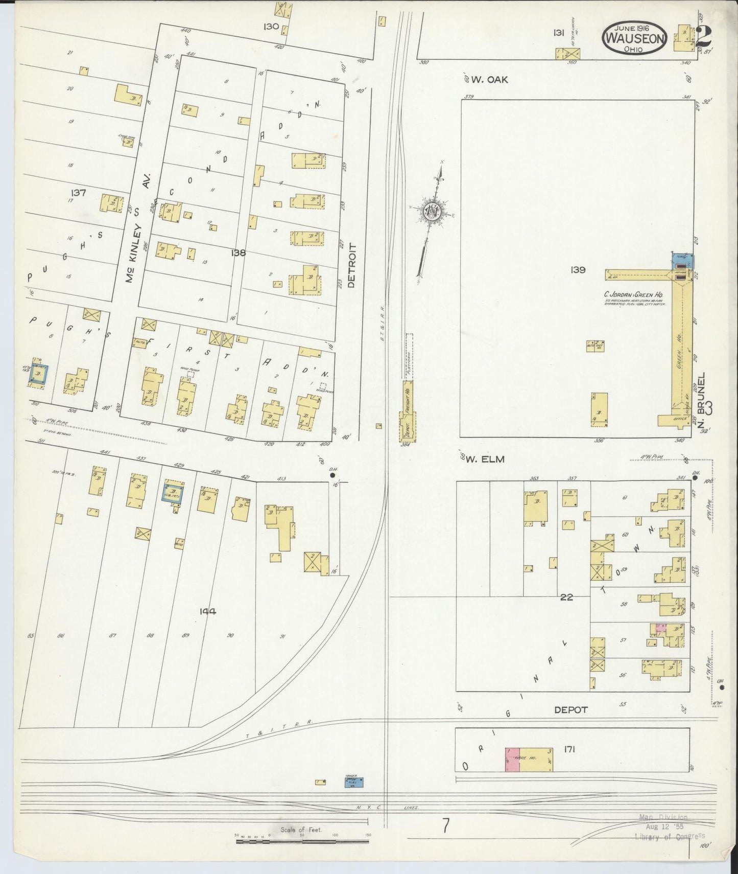Sanborn Fire Insurance Map from Wauseon, Fulton County, Ohio (1916), Sheet #0002 - Historic Sanborn Fire Insurance Map Print, vintage old map wall art, antique decor, genealogy gift, Ohio Ohio map