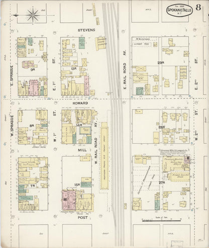 Sanborn Fire Insurance Map from Spokane, Spokane County, Washington (1889), Sheet #0008 - Complete Map Set gallery image, historic Sanborn map, vintage wall art, Washington Washington