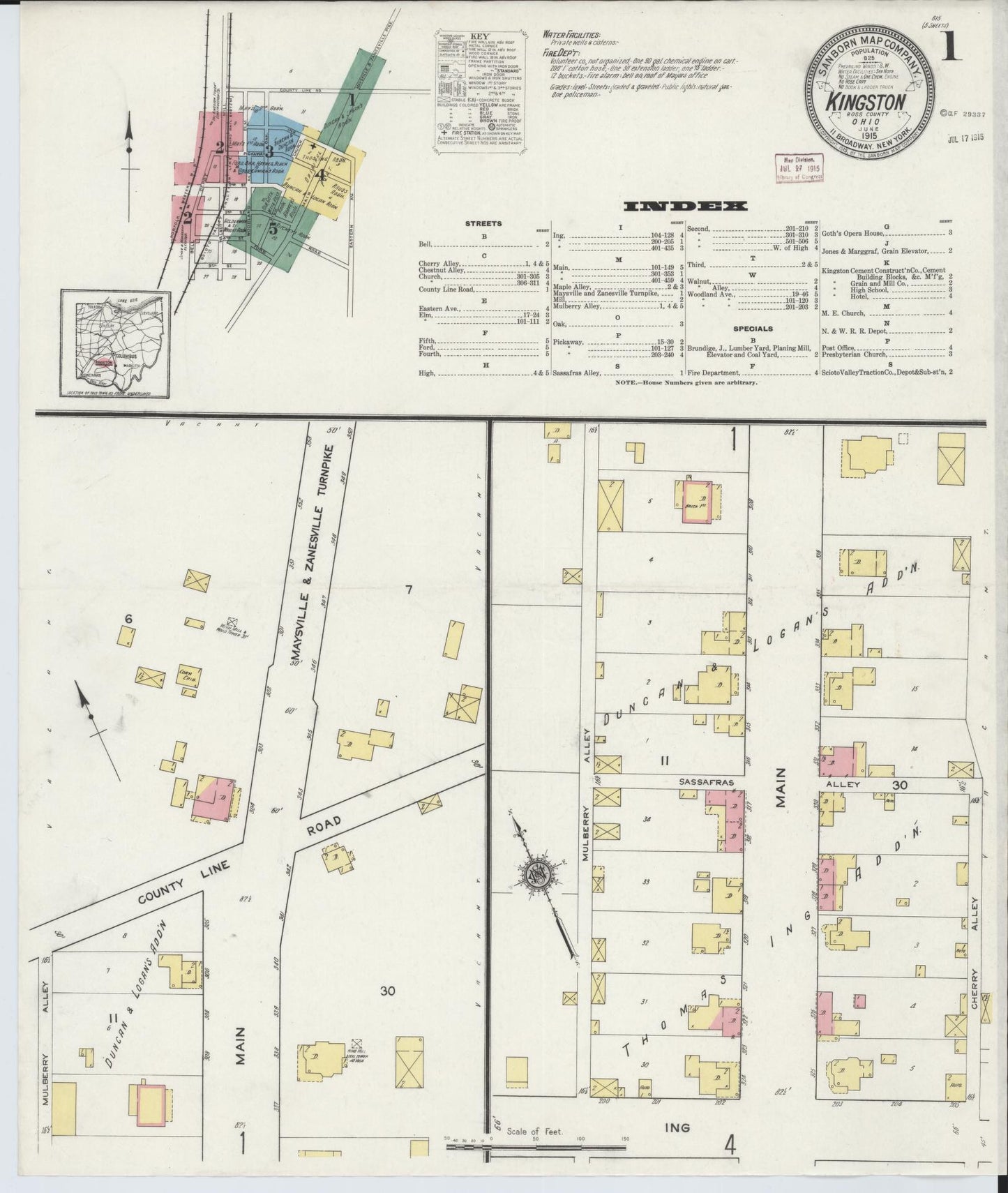 Sanborn Fire Insurance Map from Kingston, Ross County, Ohio (1915), Sheet #0001 - Historic Sanborn Fire Insurance Map Print, vintage old map wall art, antique decor, genealogy gift, Ohio Ohio map
