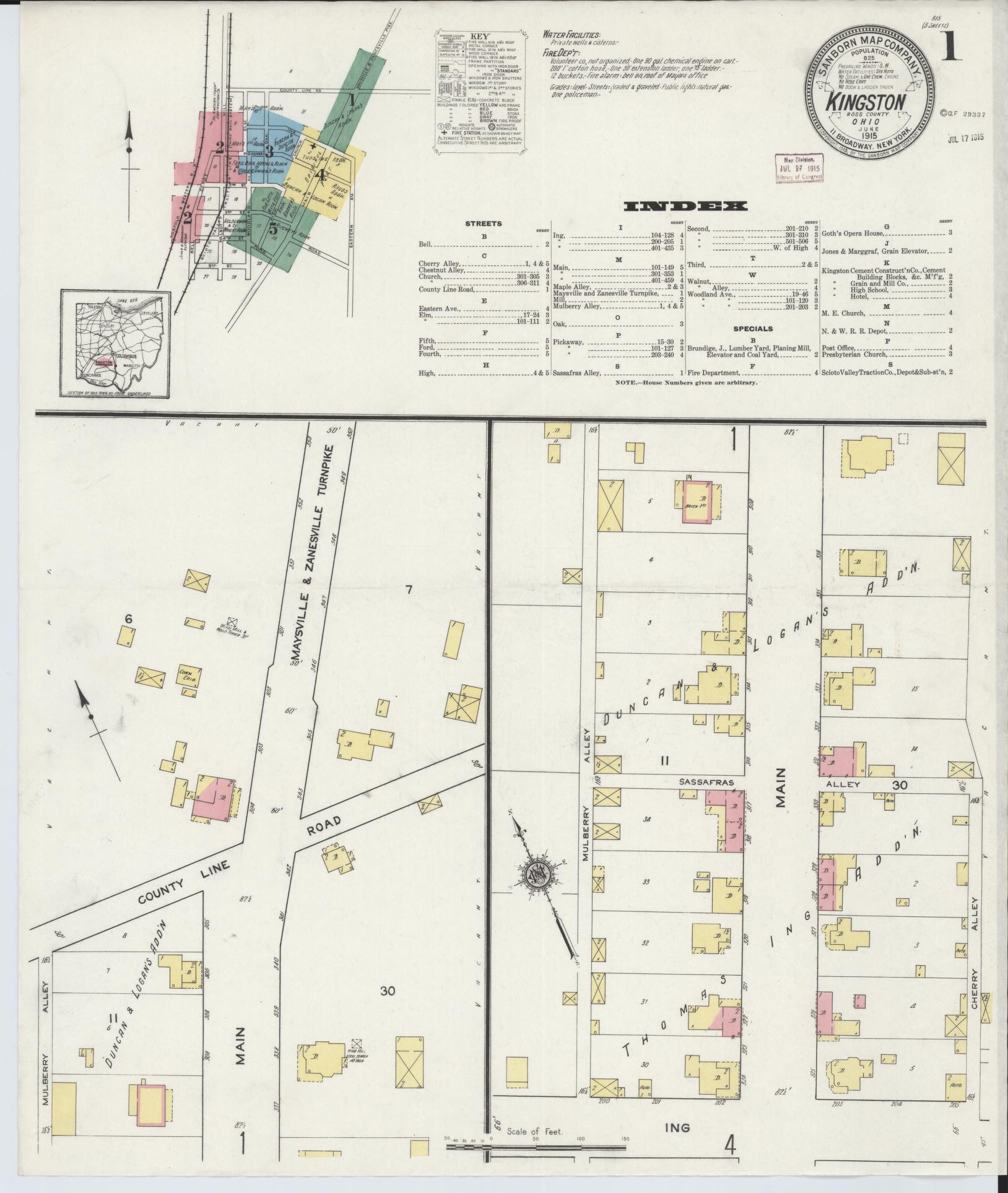 Sanborn Fire Insurance Map from Kingston, Ross County, Ohio (1915), Sheet #0001 - Historic Sanborn Fire Insurance Map Print, vintage old map wall art, antique decor, genealogy gift, Ohio Ohio map
