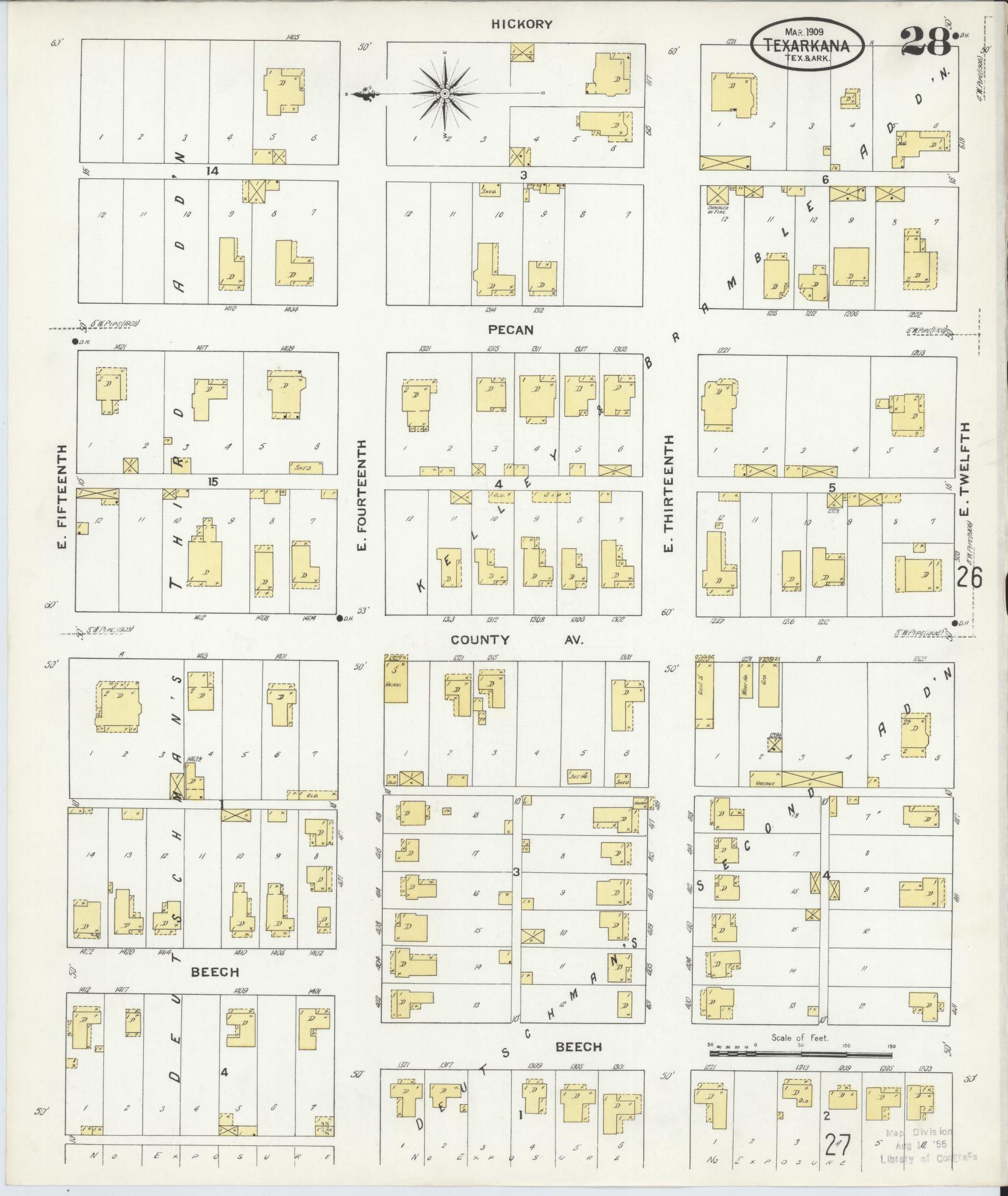 Sanborn Fire Insurance Map from Texarkana, Bowie County, Texas (1909), Sheet #0028 - Complete Map Set gallery image, historic Sanborn map, vintage wall art, Texas Texas