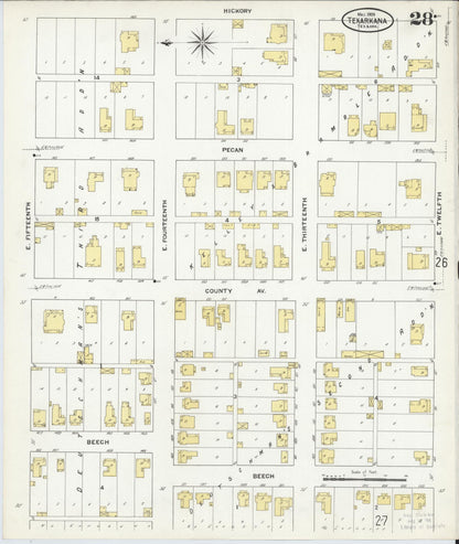 Sanborn Fire Insurance Map from Texarkana, Bowie County, Texas (1909), Sheet #0028 - Complete Map Set gallery image, historic Sanborn map, vintage wall art, Texas Texas