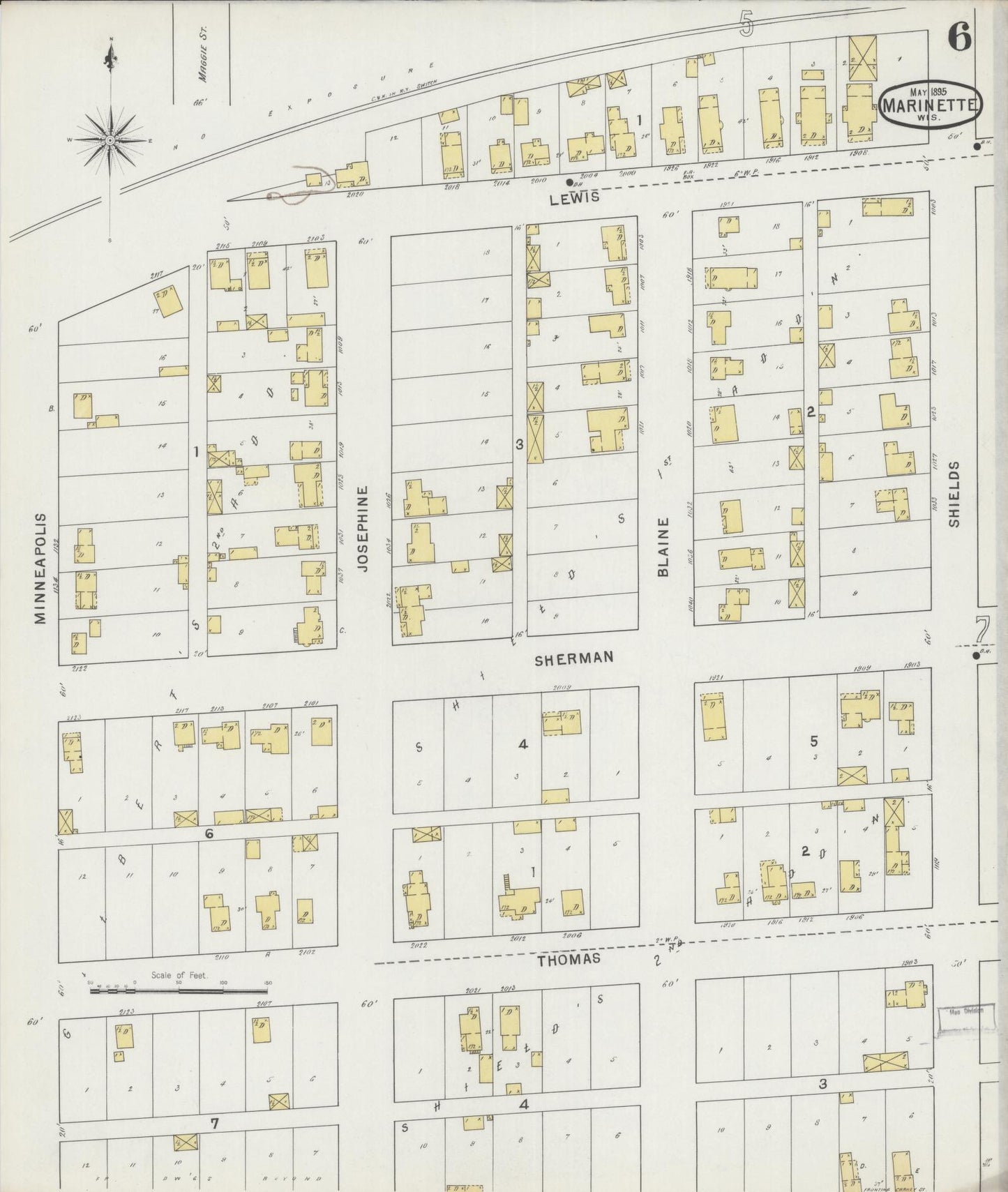 Sanborn Fire Insurance Map from Marinette, Marinette County, Wisconsin (1895), Sheet #0006 - Historic Sanborn Fire Insurance Map Print, vintage old map wall art, antique decor, genealogy gift, Wisconsin Wisconsin map