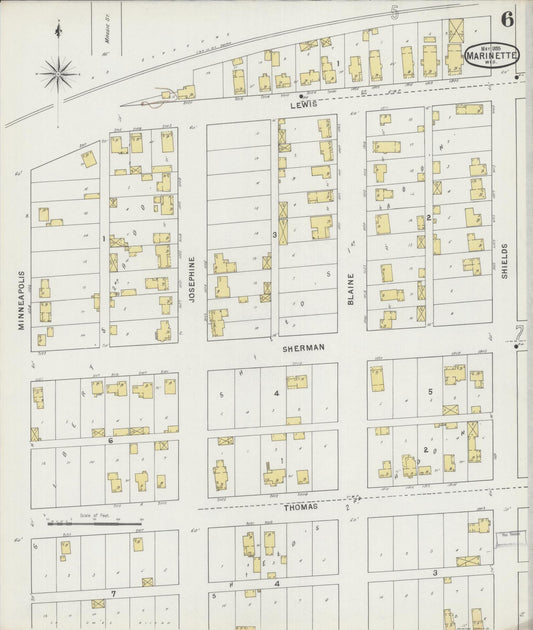 Sanborn Fire Insurance Map from Marinette, Marinette County, Wisconsin (1895), Sheet #0006 - Historic Sanborn Fire Insurance Map Print, vintage old map wall art, antique decor, genealogy gift, Wisconsin Wisconsin map