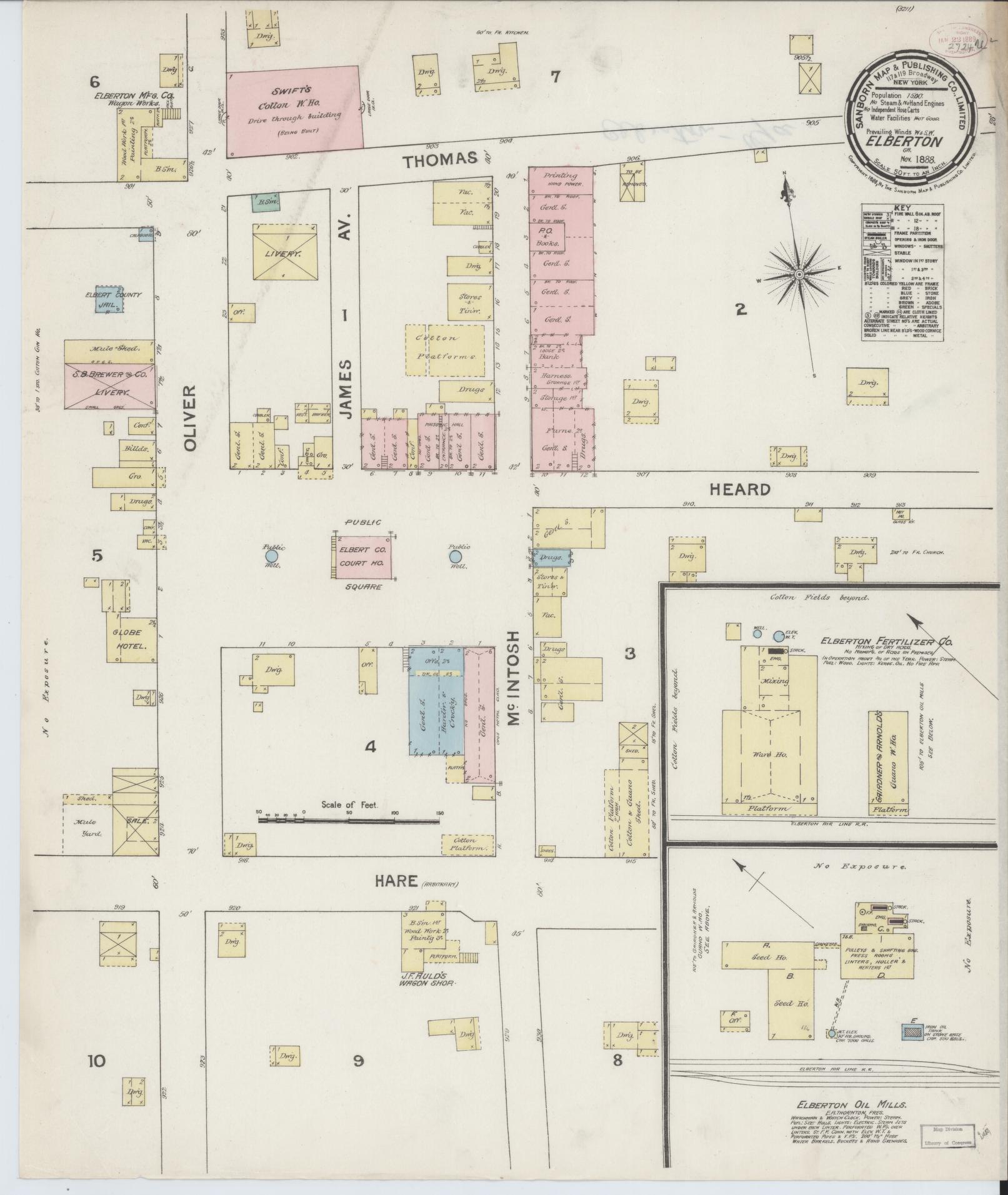 Sanborn Fire Insurance Map from Elberton, Elbert County, Georgia (1888), Sheet #0001 - Historic Sanborn Fire Insurance Map Print, vintage old map wall art, antique decor, genealogy gift, Georgia Georgia map