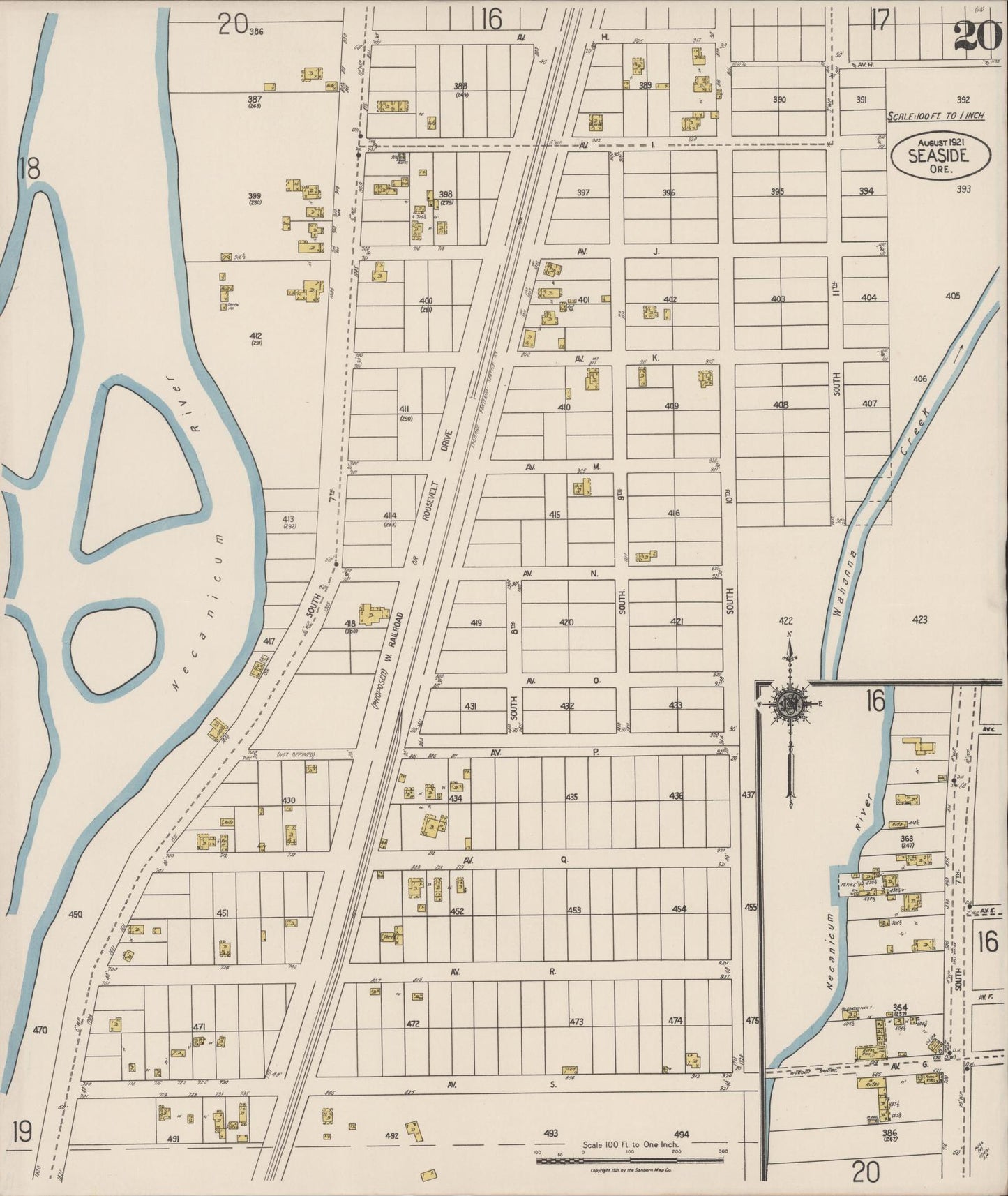 Sanborn Fire Insurance Map from Seaside, Clatsop County, Oregon (1921), Sheet #0020 - Complete Map Set gallery image, historic Sanborn map, vintage wall art, Oregon Oregon