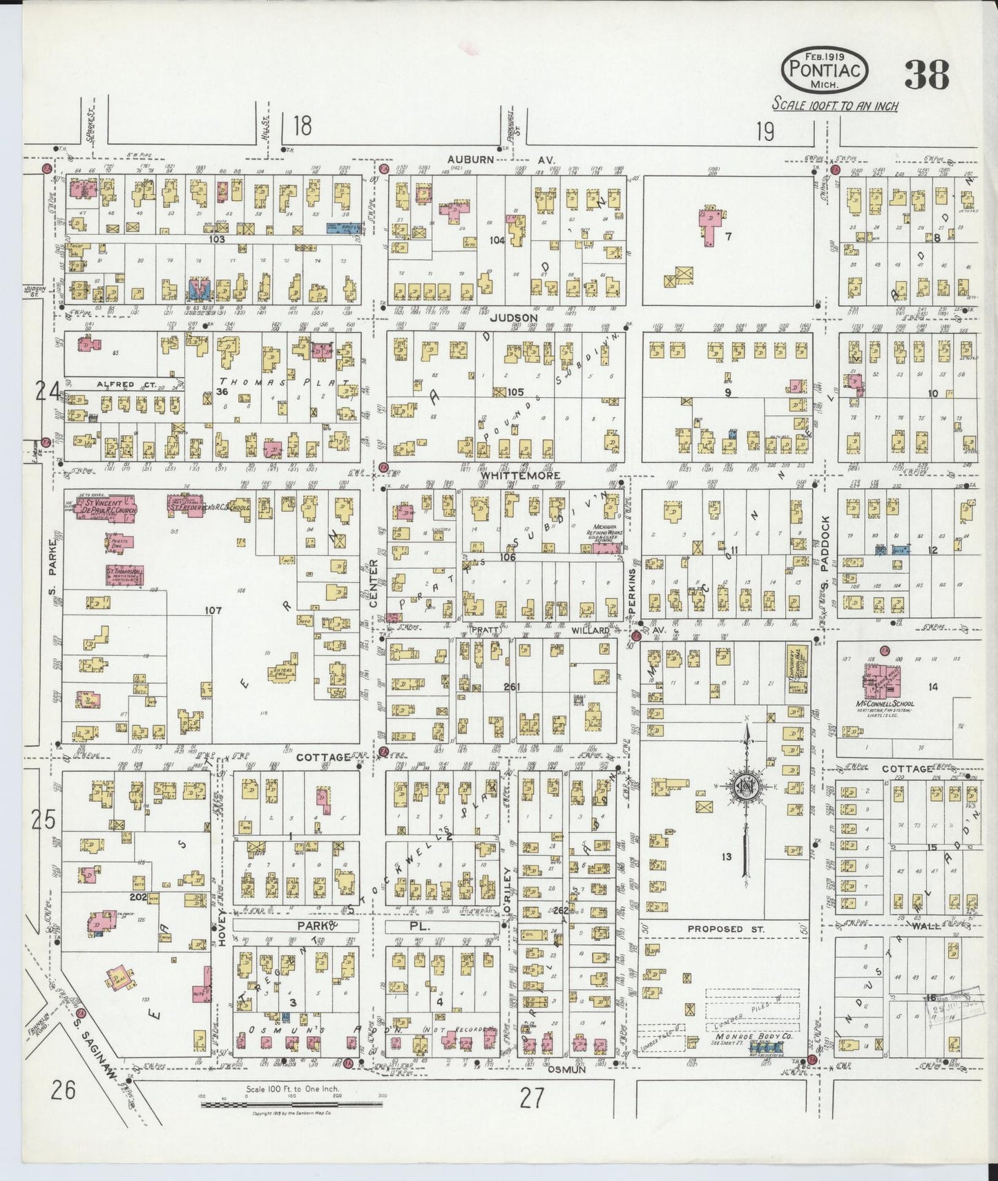 Sanborn Fire Insurance Map from Pontiac, Oakland County, Michigan (1919), Sheet #0038 - Historic Sanborn Fire Insurance Map Print, vintage old map wall art, antique decor, genealogy gift, Michigan Michigan map