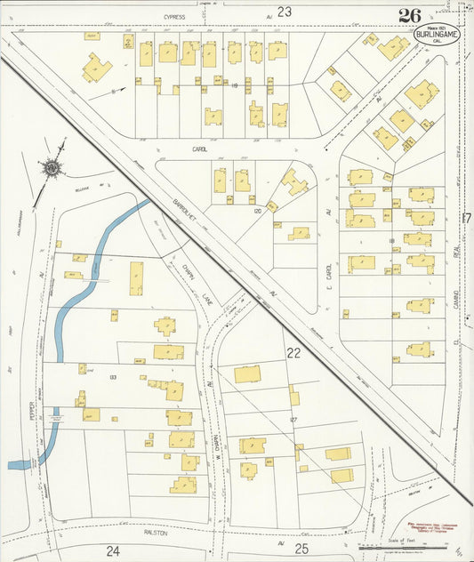 Sanborn Fire Insurance Map from Burlingame, San Mateo County, California (1921), Sheet #0026 - Historic Sanborn Fire Insurance Map Print, vintage old map wall art, antique decor, genealogy gift, California California map